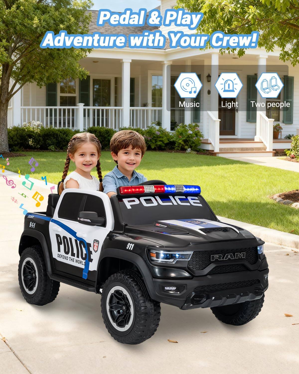 Pedal & Play  
Adventure with Your Crew!  

Music  
Light  
Two people  

POLICE  
911  
DEFEND THE WORLD