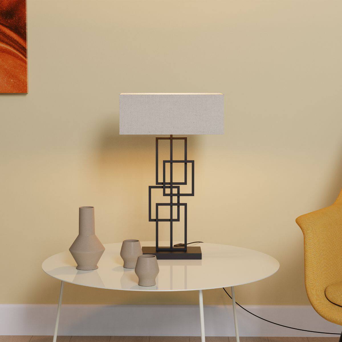 Left. Infibrite - Geometric Chic 27 Inch Table Lamp with Square Shade, E26 Bulb Compatible, Ambient Lighting - White.