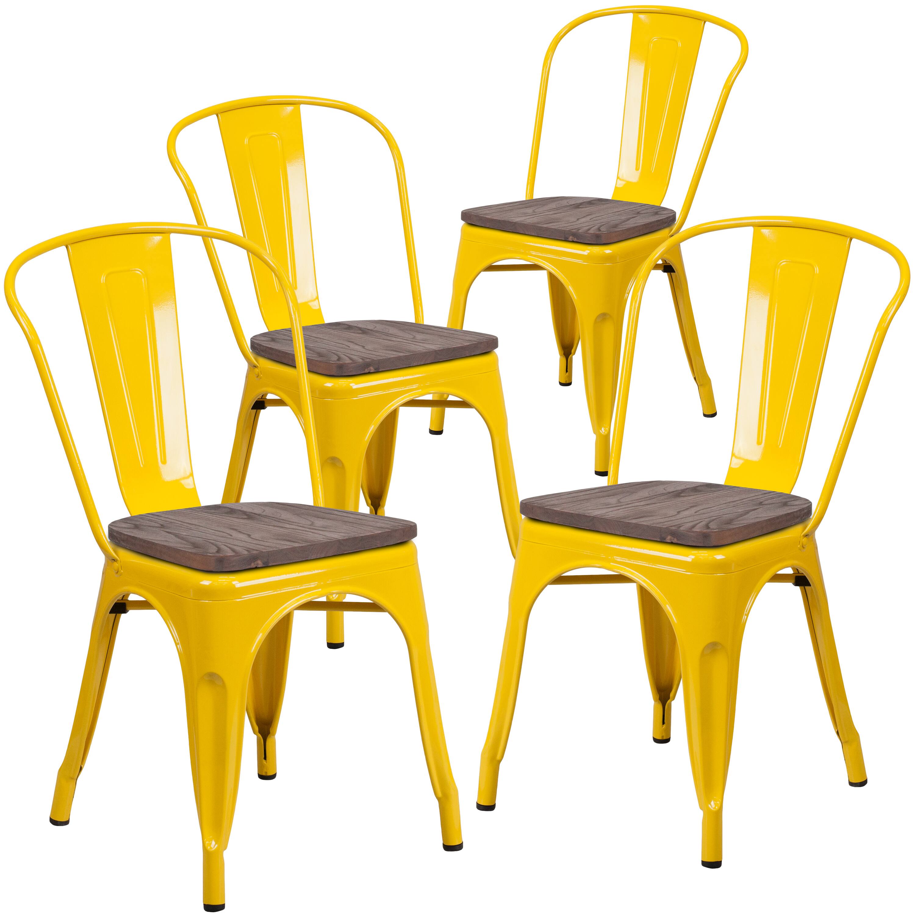 Alt View 1. Emma + Oliver - 4 Pack Metal Stackable Chair with Wood Seat - Yellow.
