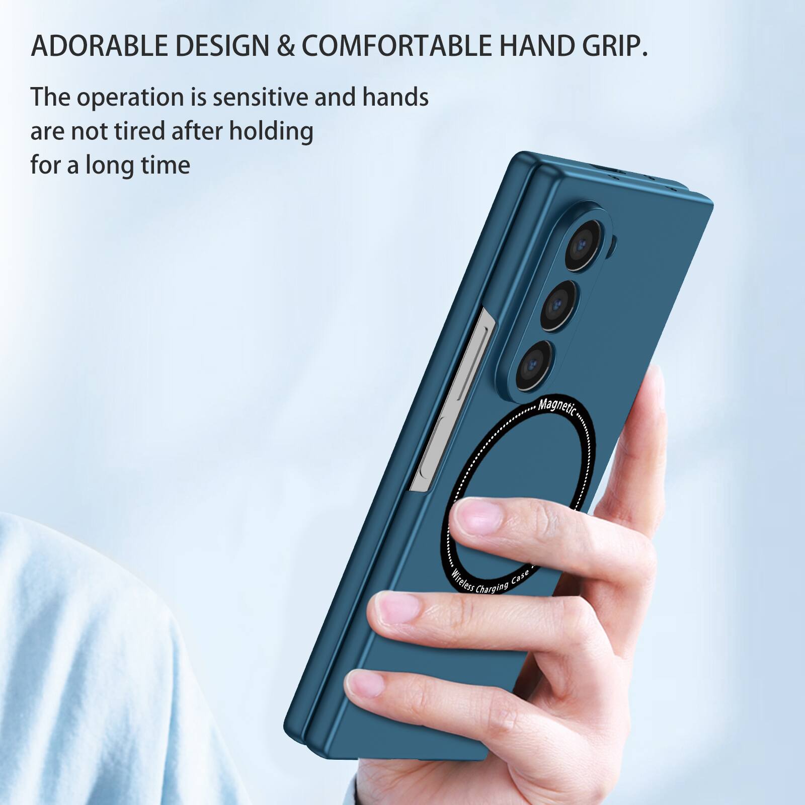 ADORABLE DESIGN & COMFORTABLE HAND GRIP.  
The operation is sensitive and hands are not tired after holding for a long time.  
Magnetic Wireless Case Charging