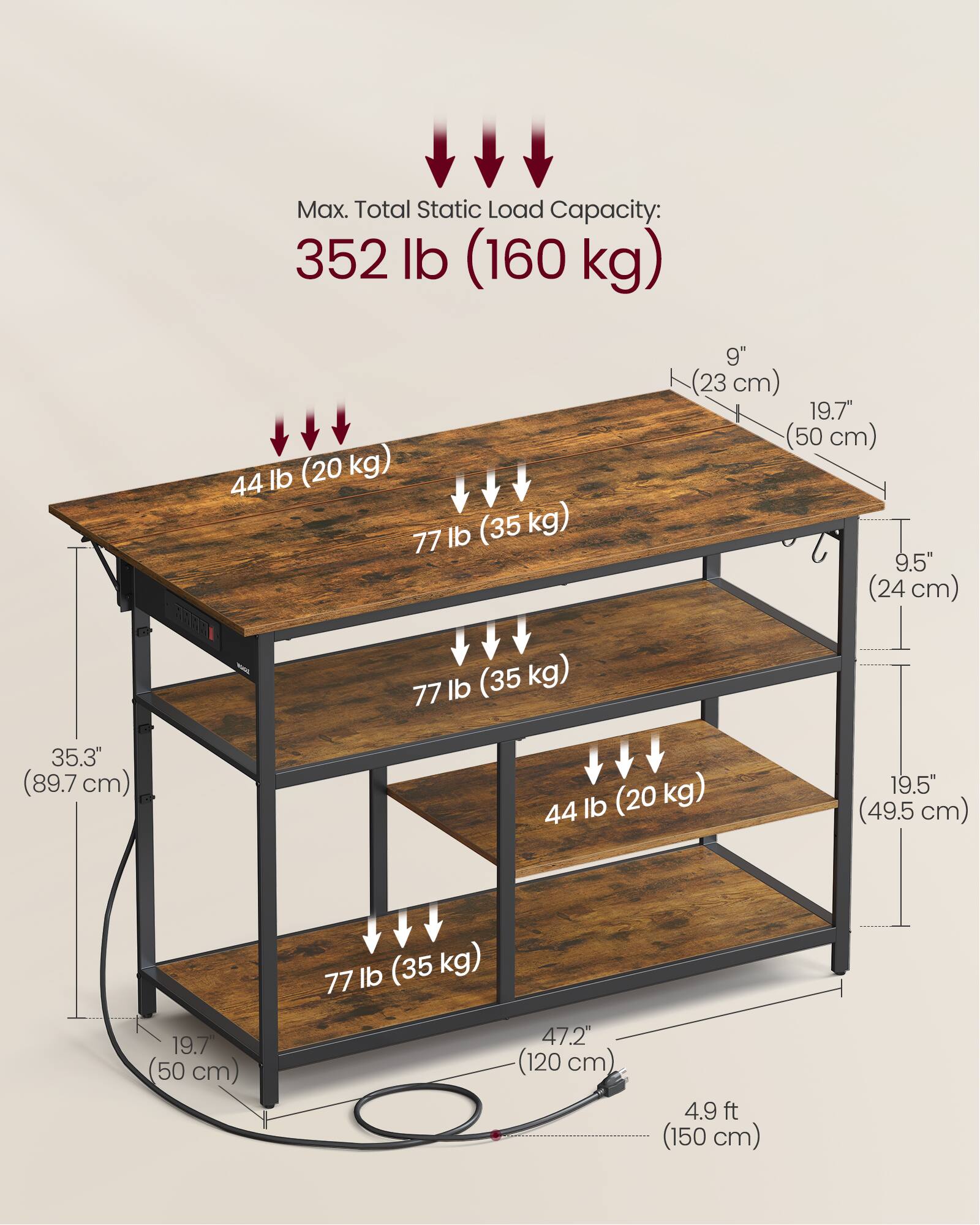 Max. Total Static Load Capacity: 352 lb (160 kg)

- Top Shelf: 44 lb (20 kg)
- Middle Shelf: 77 lb (35 kg)
- Bottom Shelf: 77 lb (35 kg)

Dimensions:
- Width: 47.2" (120 cm)
- Depth: 19.7" (50 cm)
- Height: 4.9 ft (150 cm)
- Shelf Depth: 19.5" (49.5 cm)
- Shelf Height: 9.5" (24 cm)
- Overall Height: 35.3" (89.7 cm)