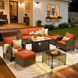 Ovios - 7 PCS Patio Furniture Set with 42" Fire Pit Table, 3 Seat Wicker Sofa with Armchairs & Ottoman for Garden - Orange Red