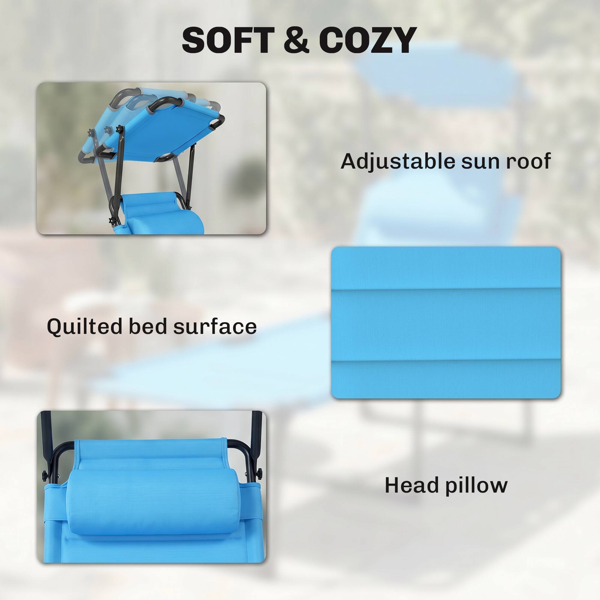 SOFT & COZY

- Adjustable sun roof
- Quilted bed surface
- Head pillow
