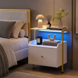WELLFOR - Wall-mounted Nightstand with LED Lights and Charging Station for Bedroom - White