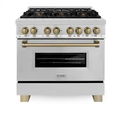 Front. ZLINE - Autograph 36" Legacy Dual Fuel Range w/ 6 Burners & Champagne Bronze Accents (RAZ-36-CB) - Stainless Steel/Champagne Bronze Accents.