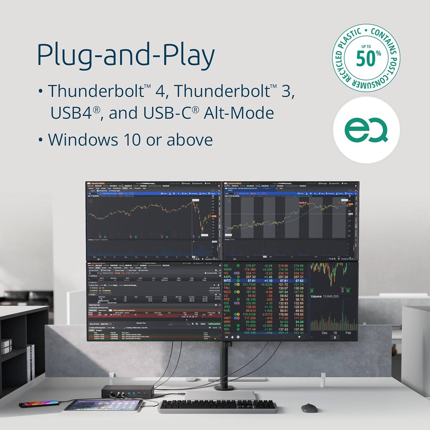 Plug-and-Play  
Thunderbolt™ 4, Thunderbolt™ 3, USB4®, and USB-C® Alt-Mode  
Windows 10 or above  

PLASTIC • CONTAINS UP TO 50% POST-CONSUMER RECYCLED MATERIAL