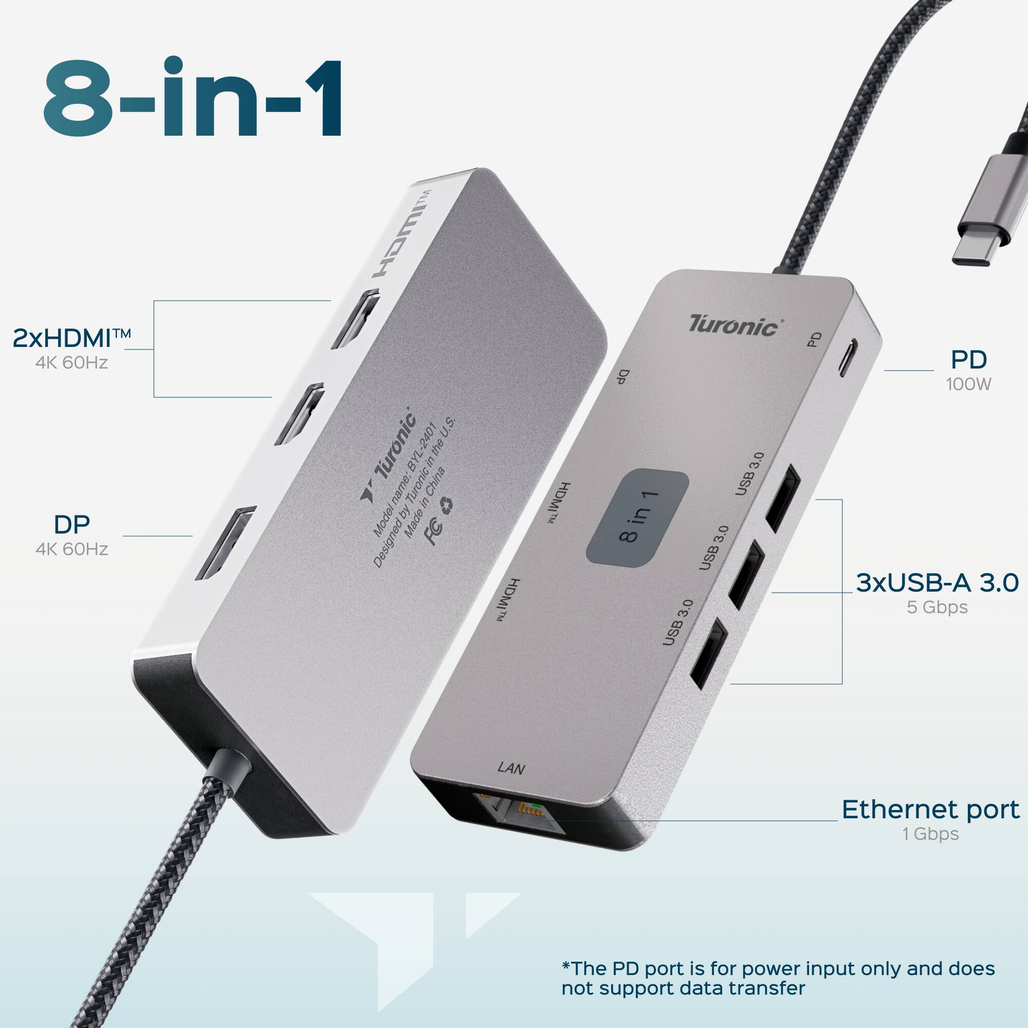 8-in-1

2xHDMI™ 4K 60Hz

DP 4K 60Hz

3xUSB-A 3.0 5 Gbps

Ethernet port 1 Gbps

PD 100W

*The PD port is for power input only and does not support data transfer

Made in China

Designed by Turonic

Turonic BYL 2401 U.S.