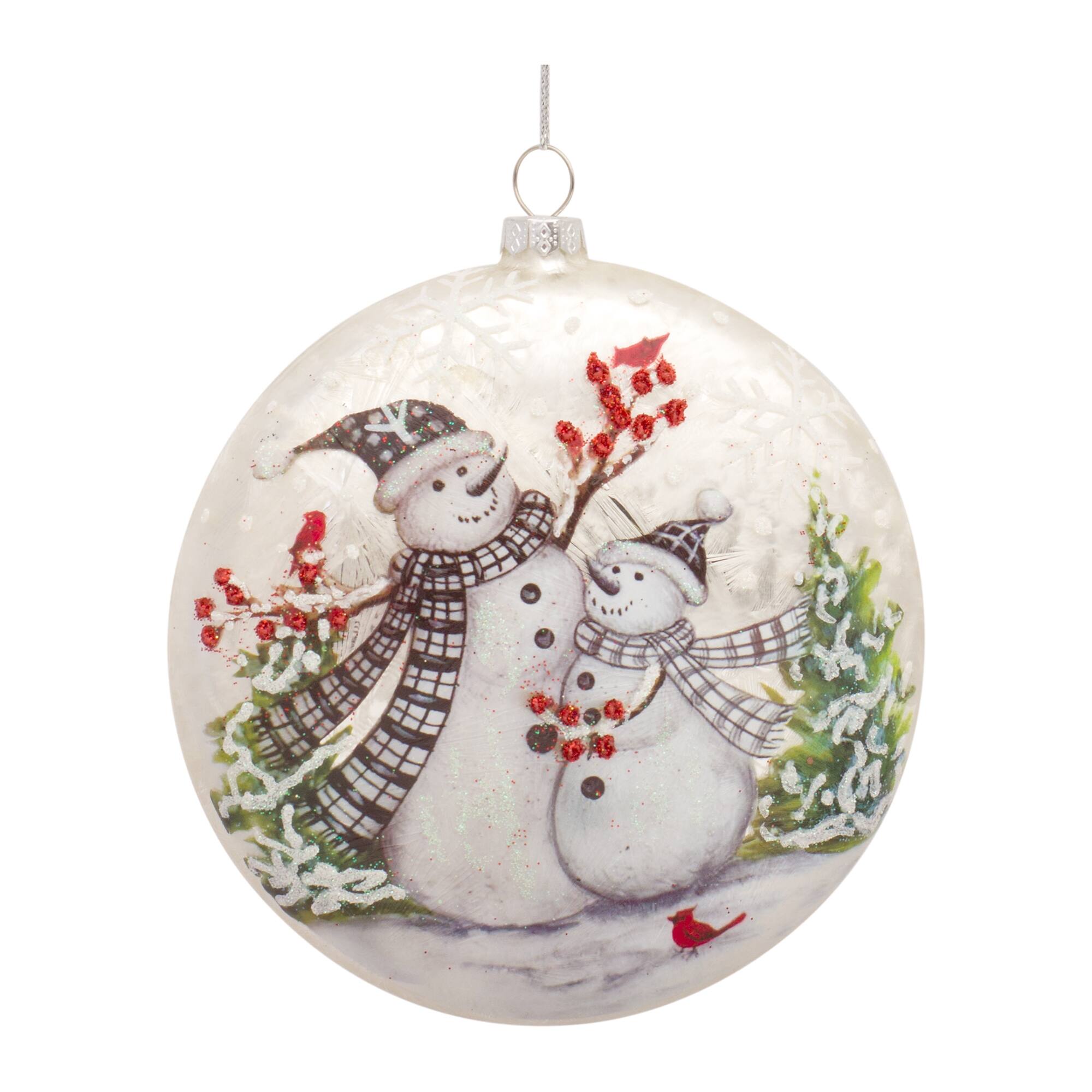 Left. BreeBe - Whimsical Snowman Disc Ornament with Snowy Cardinal Scene (Set of 6) - White, Green.