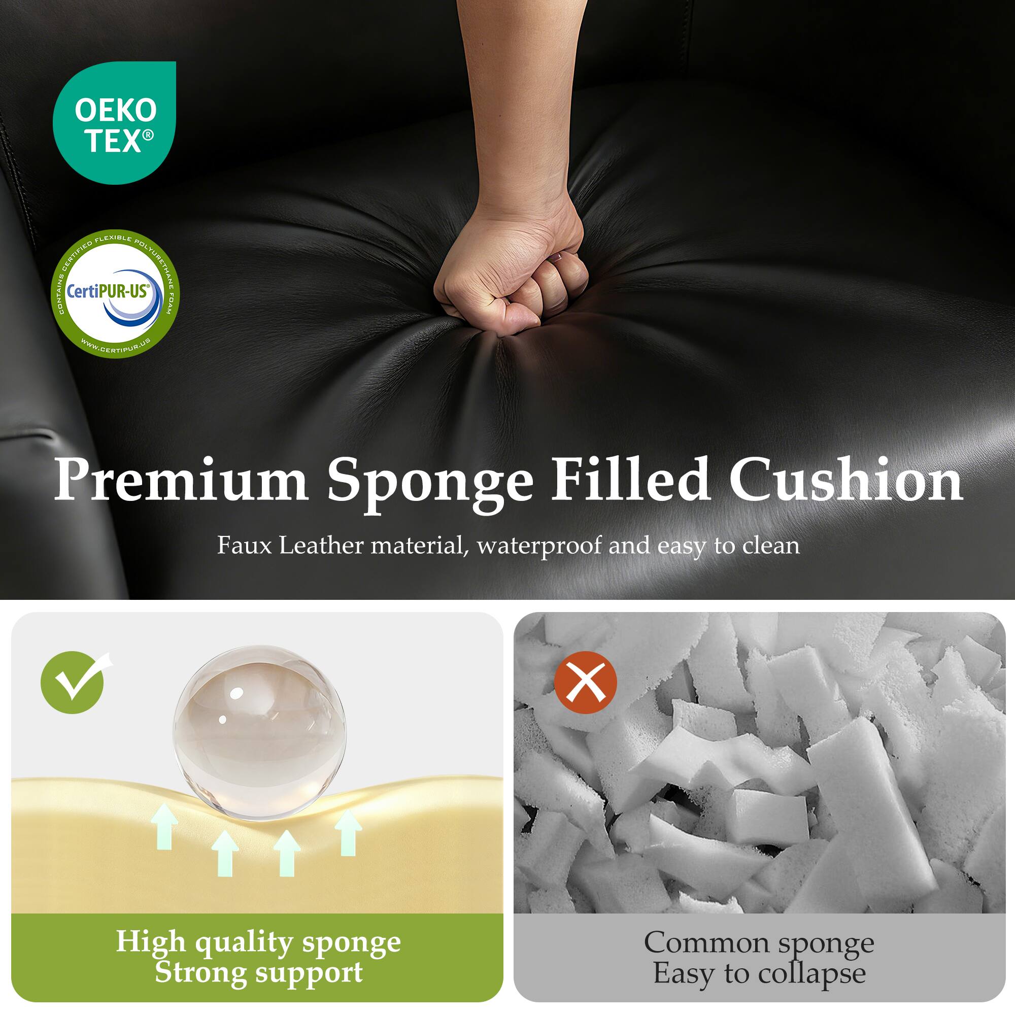 Premium Sponge Filled Cushion  
Faux Leather material, waterproof and easy to clean  

High quality sponge  
Strong support  

Common sponge  
Easy to collapse