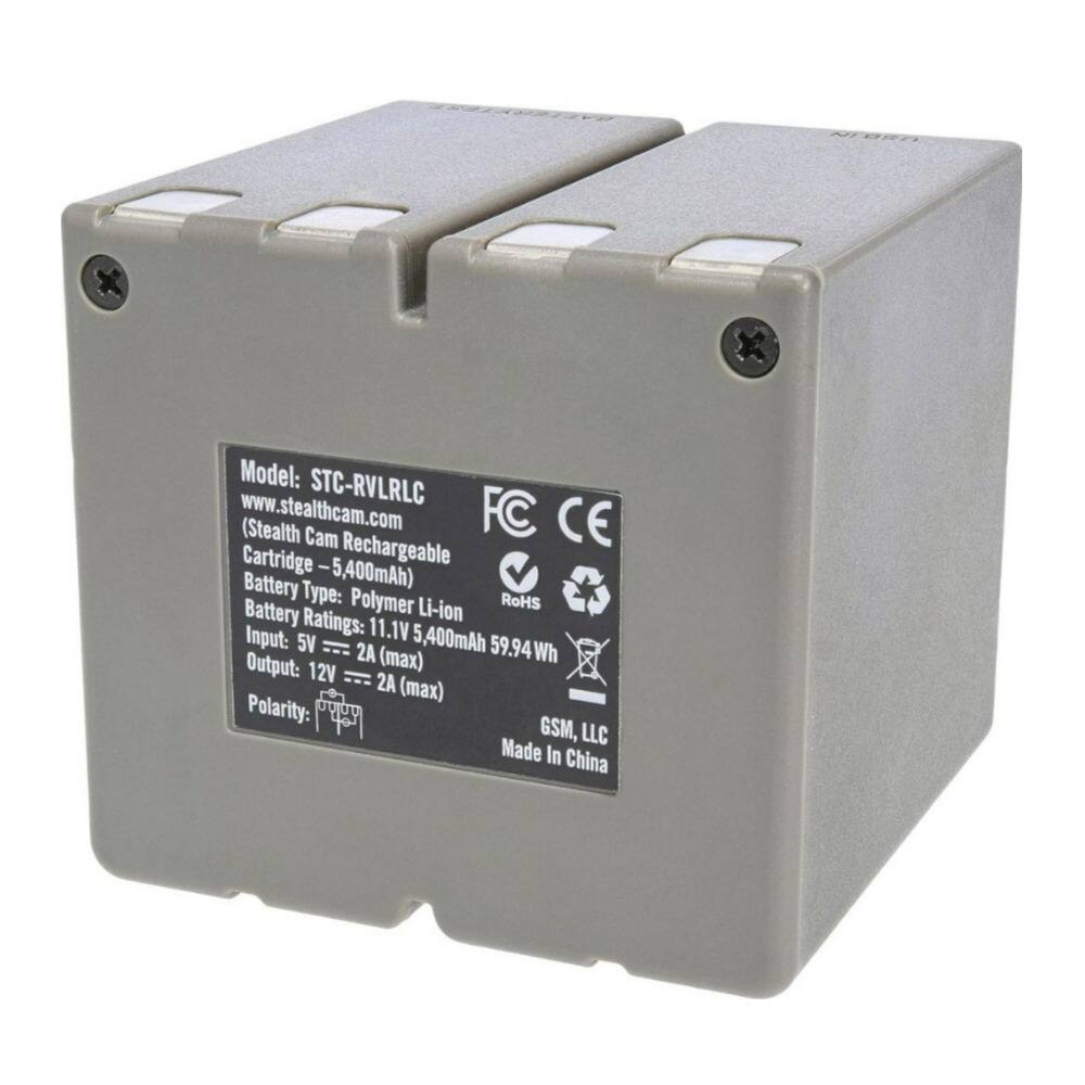 Model: STC-RVLRCL  
www.stealthcam.com  
(Stealth Cam Rechargeable Cartridge - 5,400mAh)  
Battery Type: Polymer Li-ion  
Battery Ratings: 11.1V 5,400mAh 59.94Wh  
Input: 12V = 2A (max)  
Output: 12V = 2A (max)  
Polarity: + -  
GSM, LLC  
Made in China