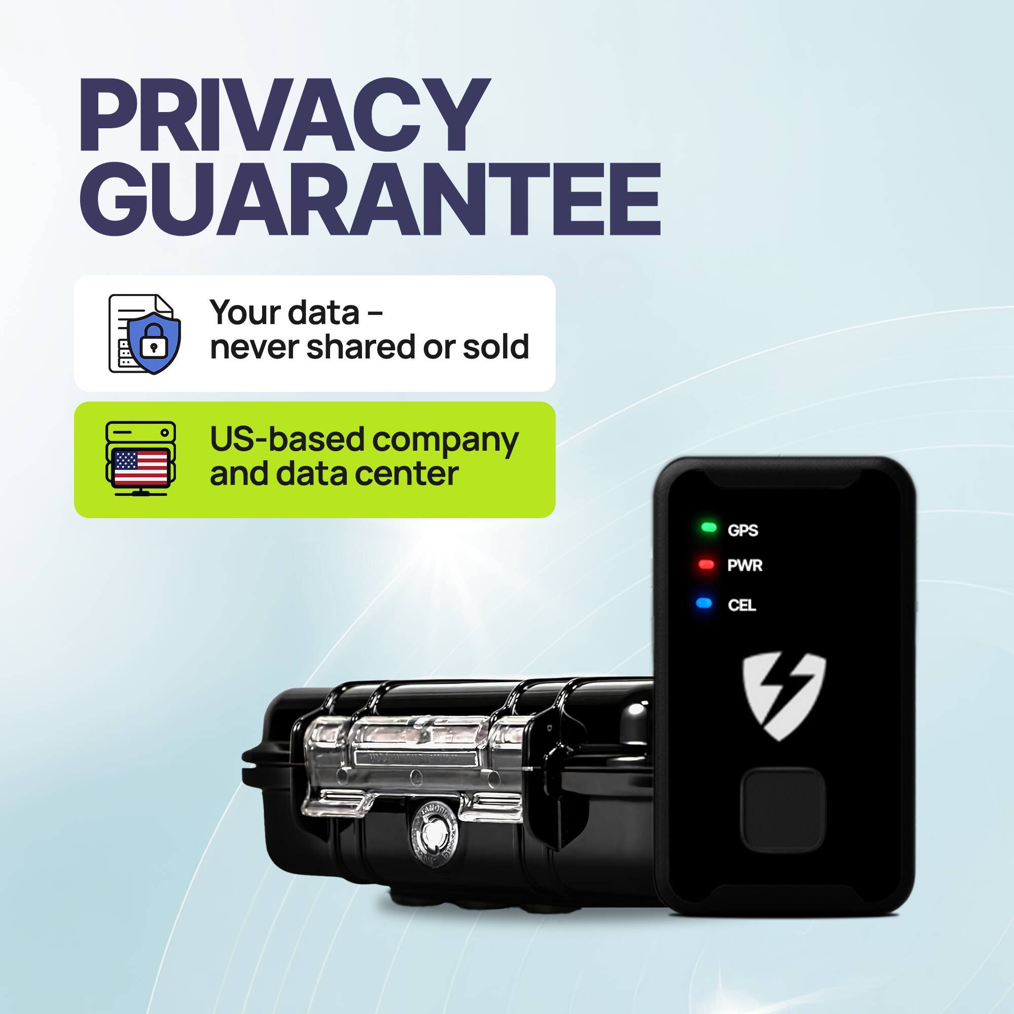**PRIVACY GUARANTEE**

- Your data – never shared or sold
- US-based company and data center

GPS  
PWR  
CEL