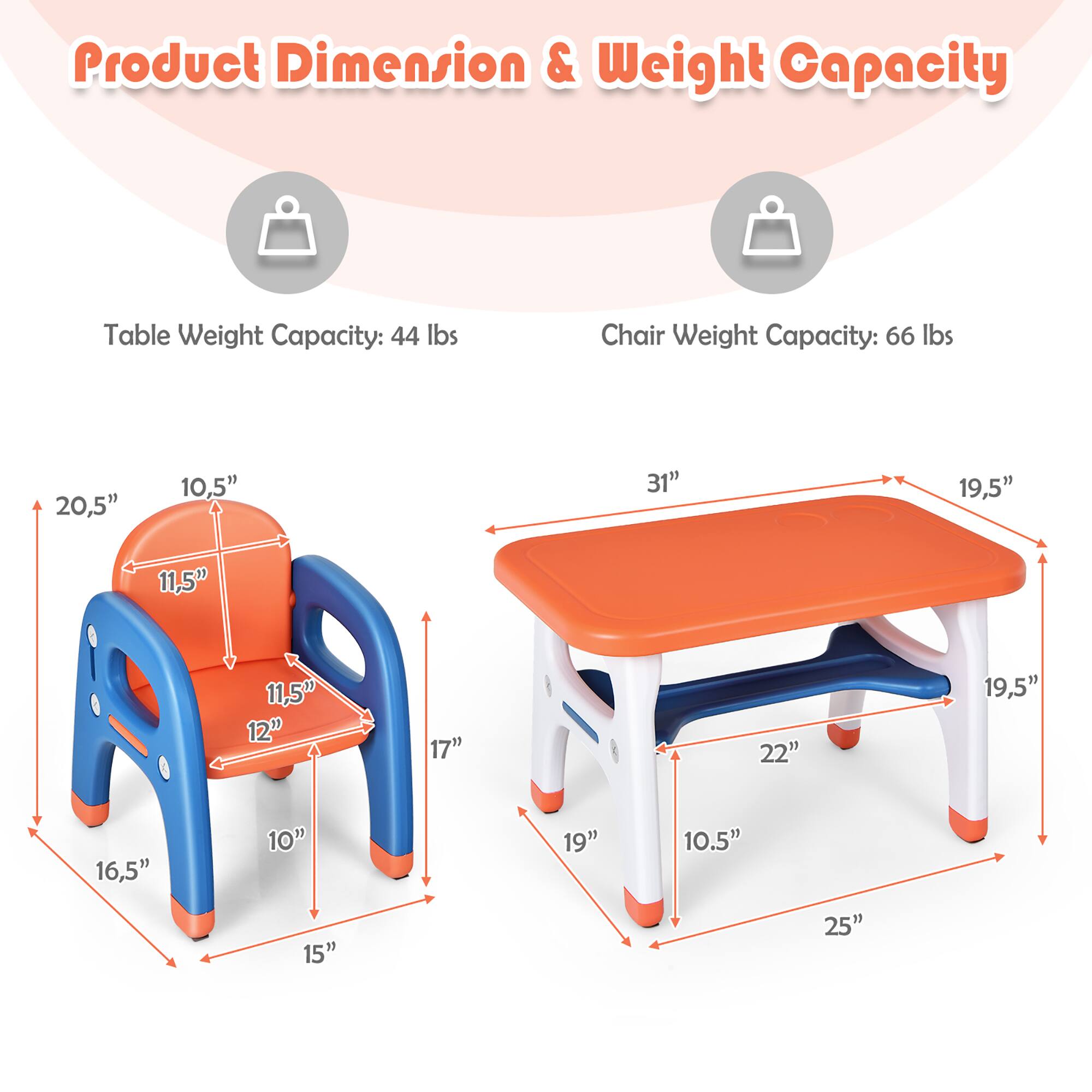 Product Dimension & Weight Capacity

Table Weight Capacity: 44 lbs
Chair Weight Capacity: 66 lbs

Dimensions:
- Table: 31" x 19.5" x 10.5"
- Chair: 16.5" x 11.5" x 12" (height)