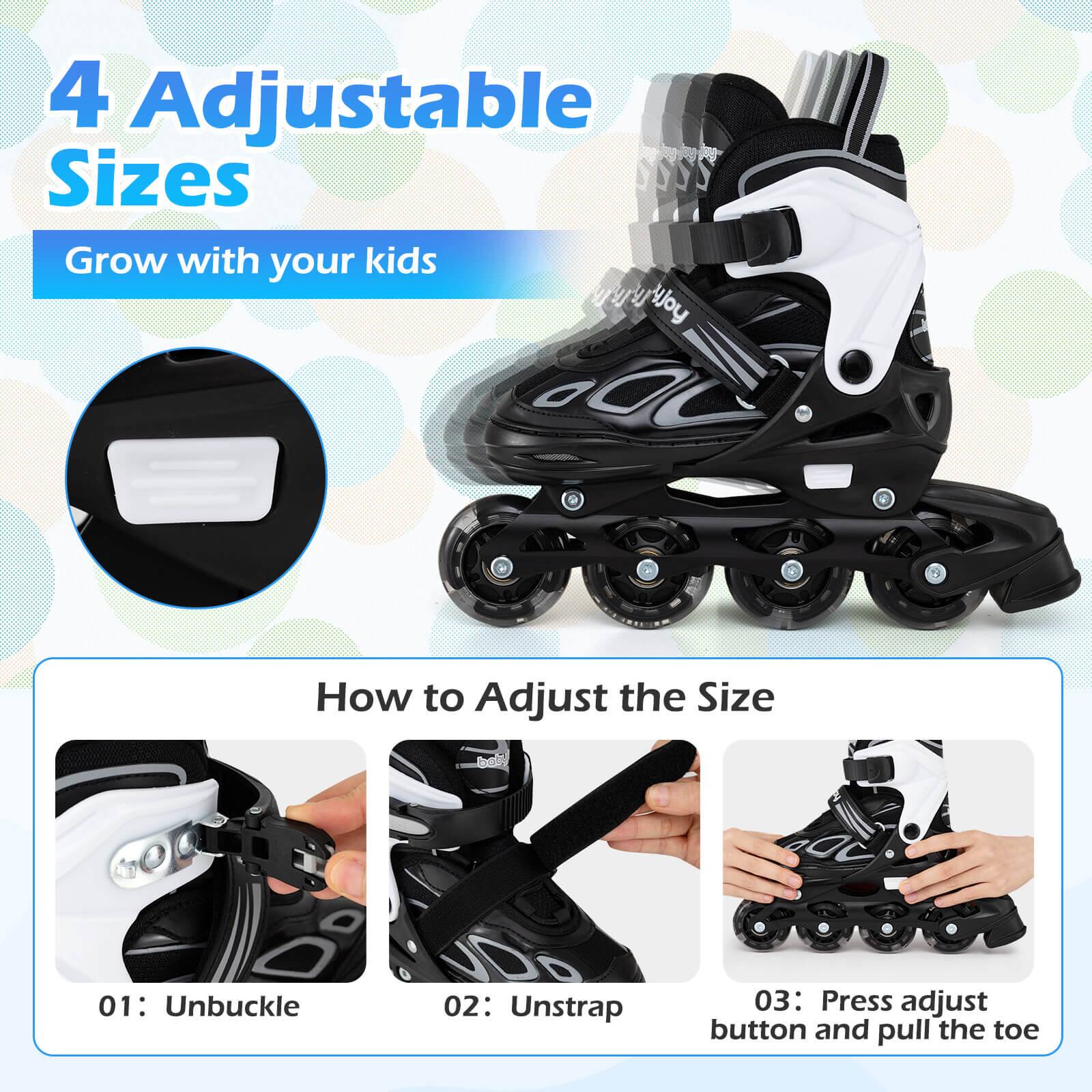 4 Adjustable Sizes  
Grow with your kids  

How to Adjust the Size  
01: Unbuckle  
02: Unstrap  
03: Press adjust button and pull the toe