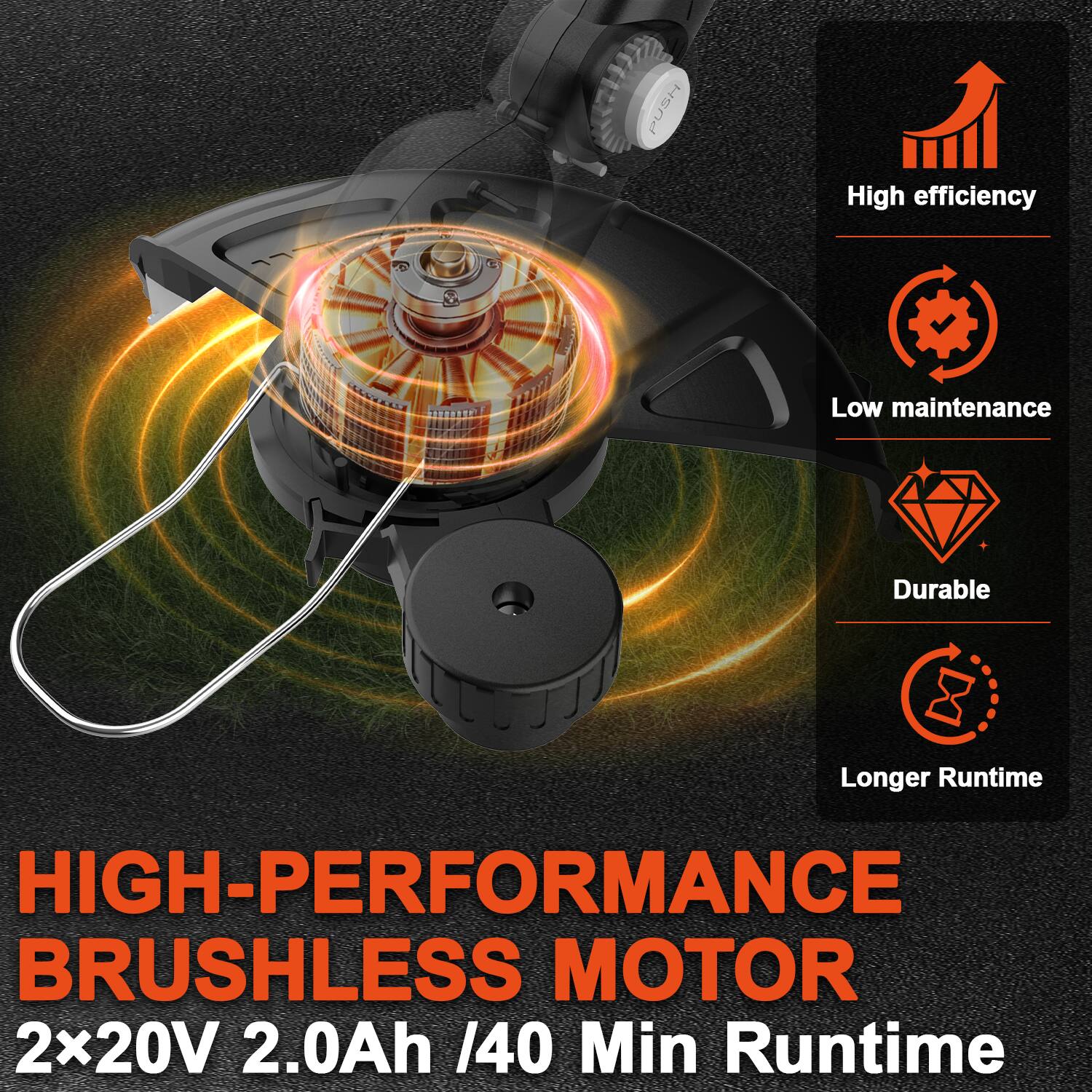 PUSH High efficiency Low maintenance Durable Longer Runtime HIGH-PERFORMANCE BRUSHLESS MOTOR 2x20V 2.0Ah /40 Min Runtime
