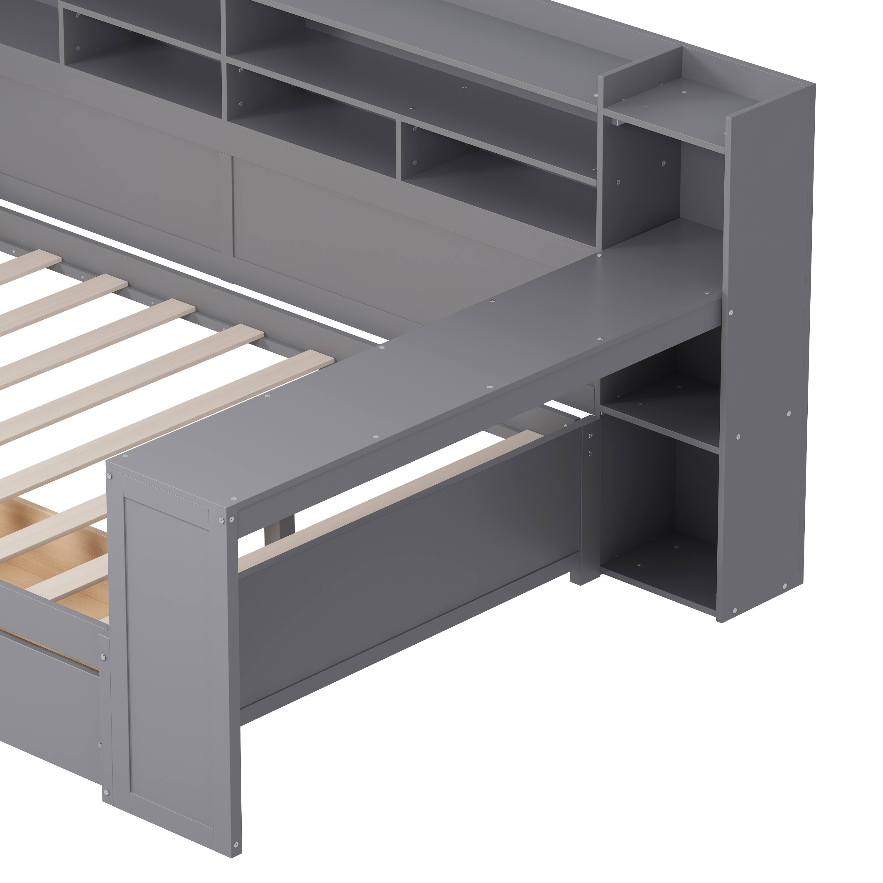 Alt View 8. Tiramisubest - Wooden Full Size Daybed with Storage Shelves, Multi-functional Bed with Two Storage Drawers and  Study Desk, Gray - Gray.