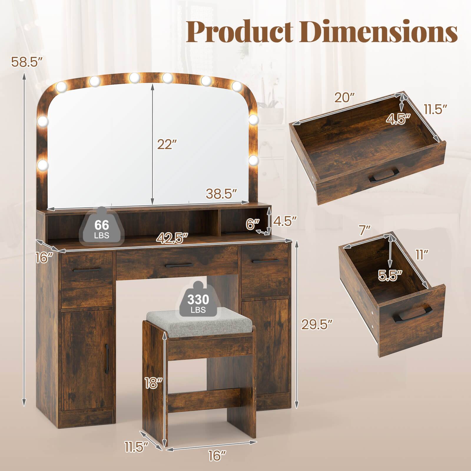 Product Dimensions

- Height: 58.5"
- Width: 38.5"
- Depth: 22"
- Seat Height: 18"
- Seat Depth: 11.5"
- Seat Width: 29.5"
- Drawer 1 Dimensions: 20" x 11.5" x 4.5"
- Drawer 2 Dimensions: 7" x 11" x 5.5"
- Weight Capacity: 330 LBS
- Weight: 66 LBS