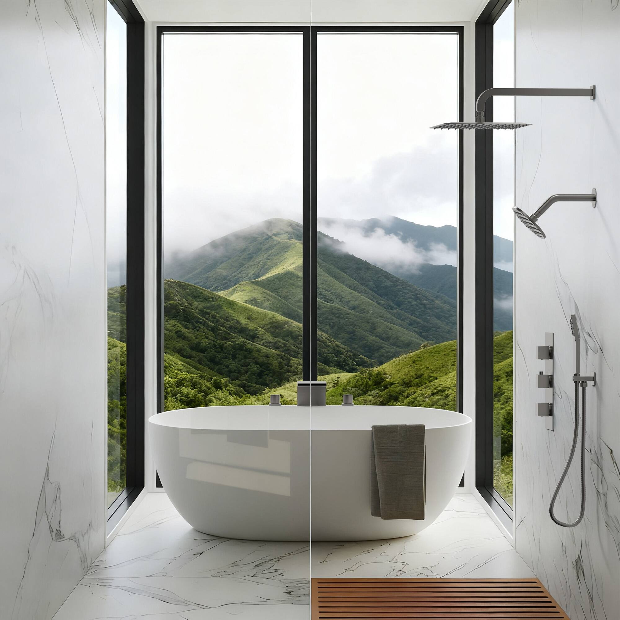 Left. GRANDJOY - Thermostatic Dual Shower Faucet Kit with 10" Overhead Rain Shower and 59" Stainless Hose Handheld Shower Head - Brushed Nickel.