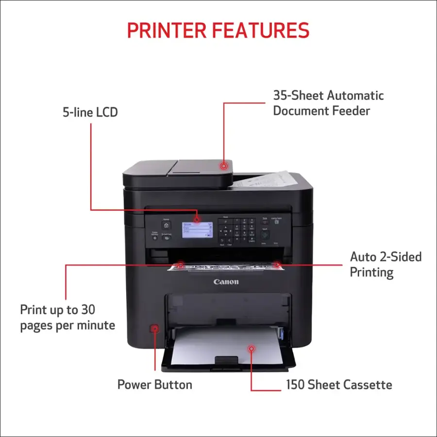 PRINTER FEATURES:

* 5-line LCD
* 35-Sheet Automatic Document Feeder
* Canon
* Auto 2-Sided Printing
* Print up to 30 pages per minute
* Power Button
* 150 Sheet Cassette