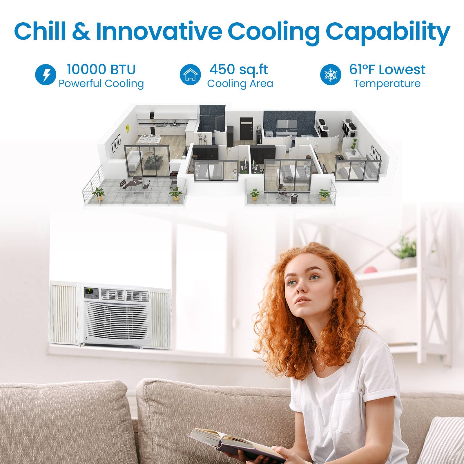 Chill & Innovative Cooling Capability

- 10000 BTU Powerful Cooling
- 450 sq.ft Cooling Area
- 61°F Lowest Temperature