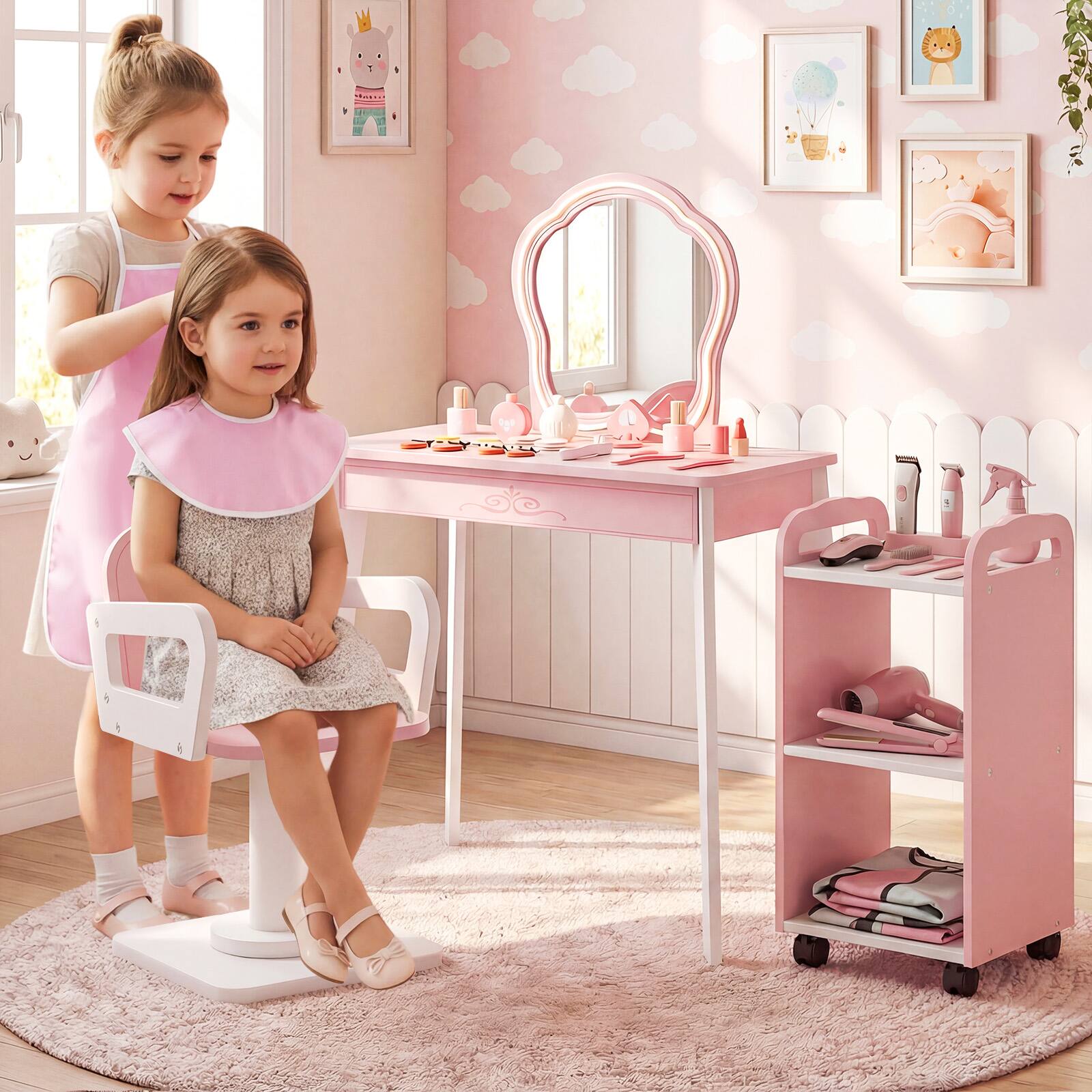 Alt View 5. Costway - Costway Kids Hair Salon Play Set with LED Lighted Mirror, Swivel Barber Chair, Rolling Cart - Light Pink.