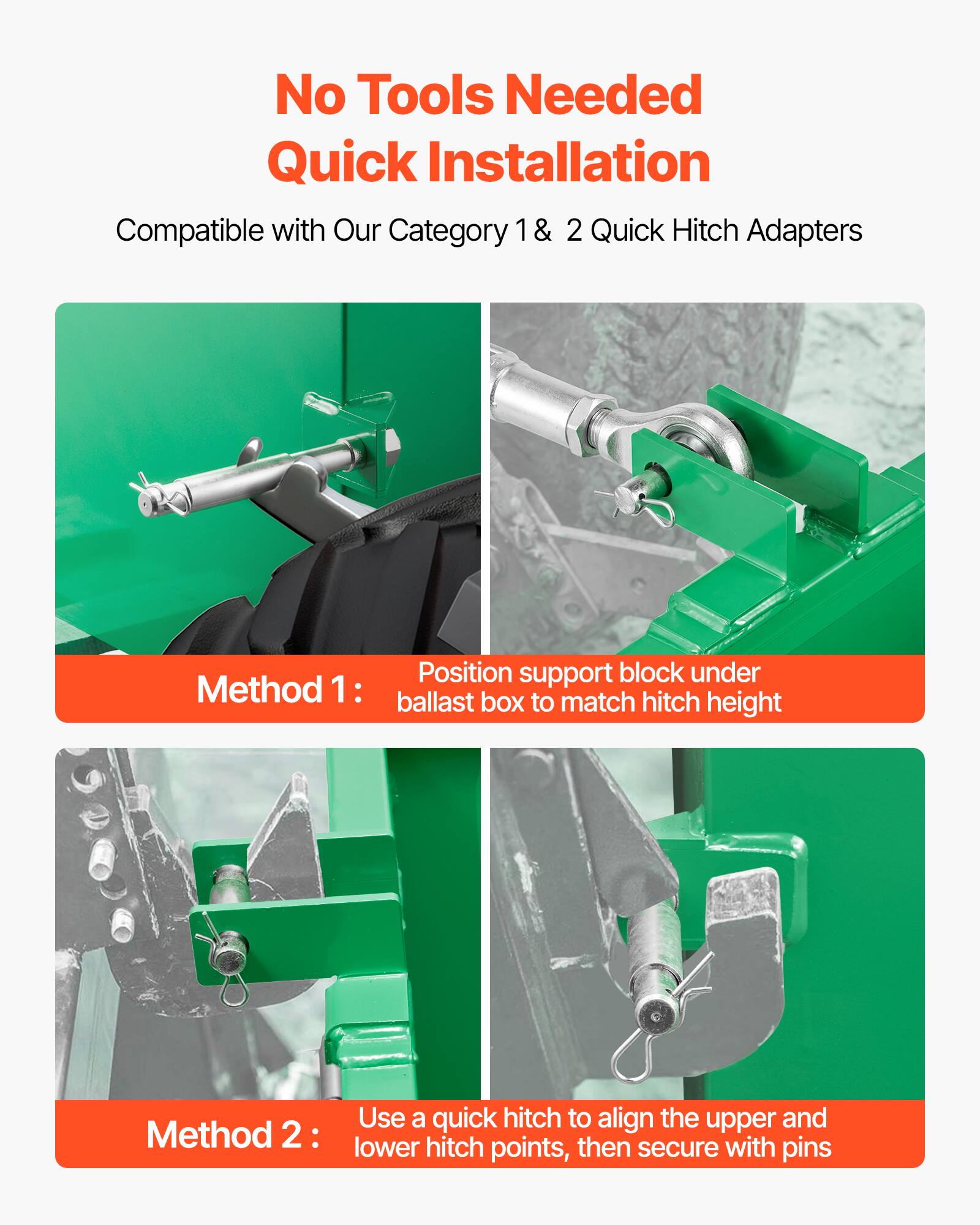 No Tools Needed Quick Installation  
Compatible with Our Category 1 & 2 Quick Hitch Adapters  

Method 1:  
Position support block under ballast box to match hitch height  

Method 2:  
Use a quick hitch to align the upper and lower hitch points, then secure with pins