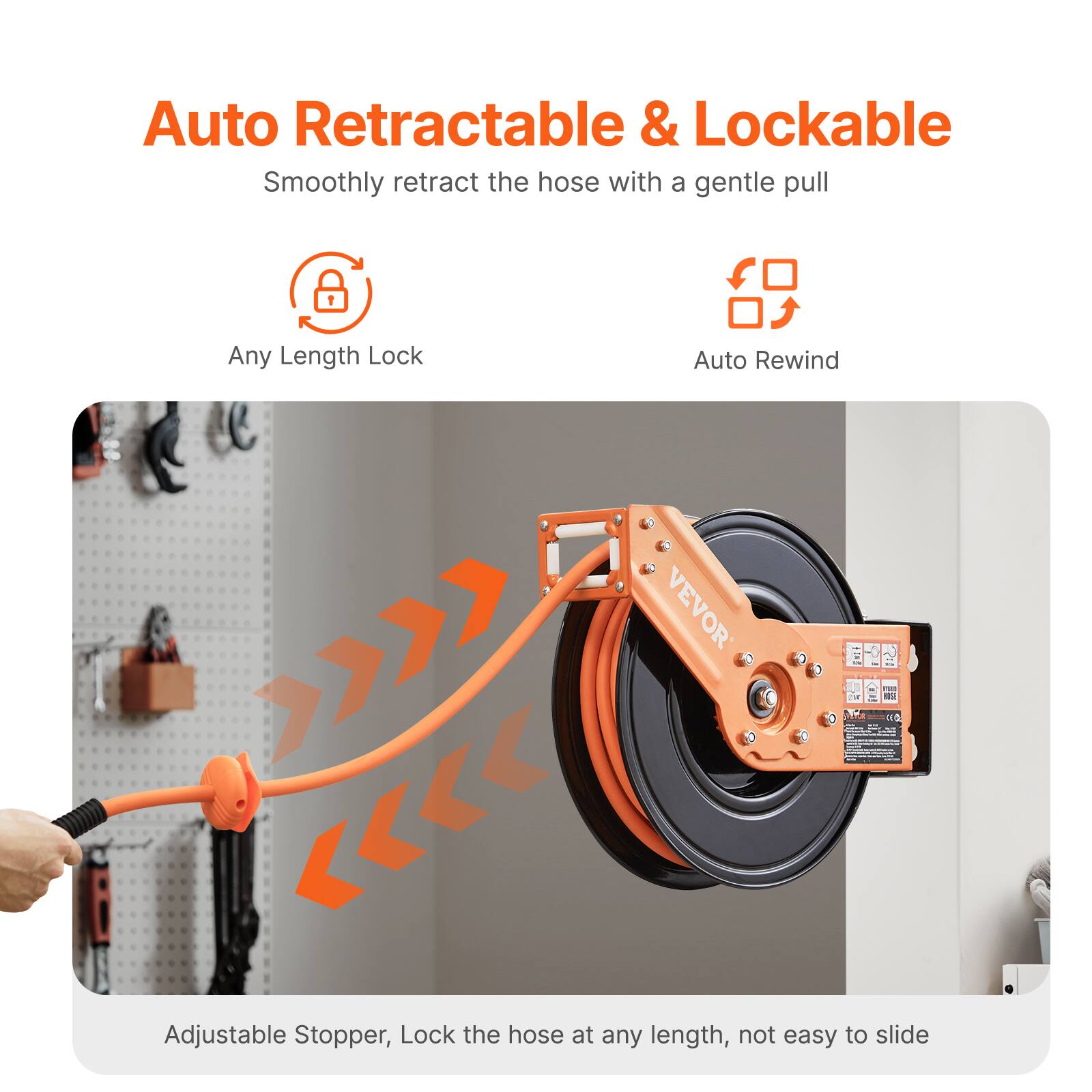 Auto Retractable & Lockable  
Smoothly retract the hose with a gentle pull  

Any Length Lock  
Auto Rewind  

Adjustable Stopper, Lock the hose at any length, not easy to slide