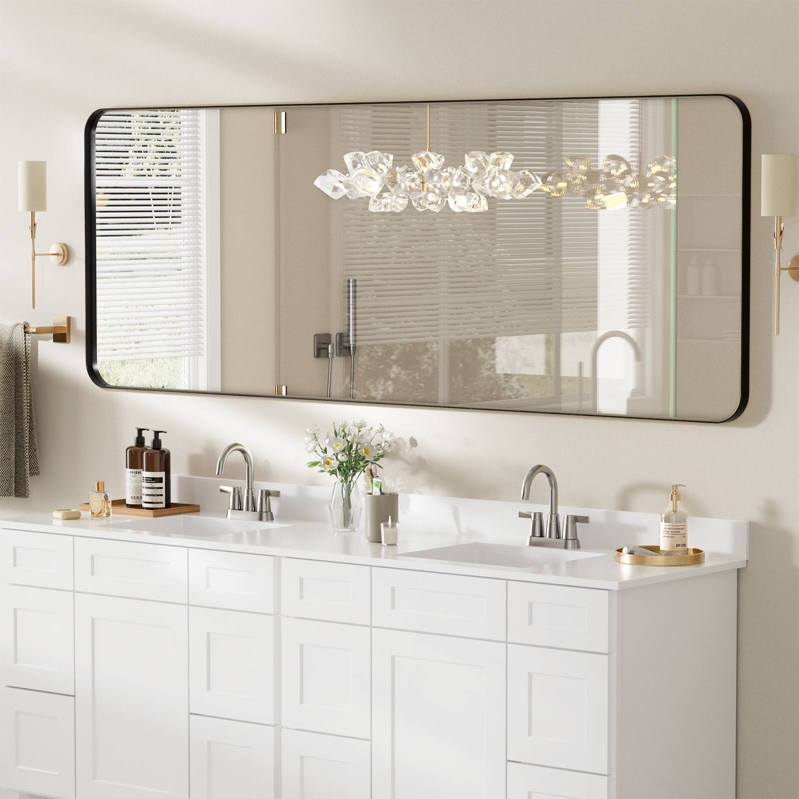 LOVMOR - 60 in. W x 28 in. H Modern Rectangular Aluminum Framed Wall Bathroom Vantiry Mirror - Black