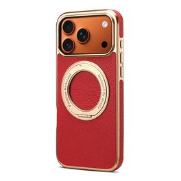 Dteck - for Apple iPhone 17 Pro Max Magnetic Case,Slim PU Leather Texture Cover with Metal Ring Holder,Shockproof Non-Slip Cover - Red