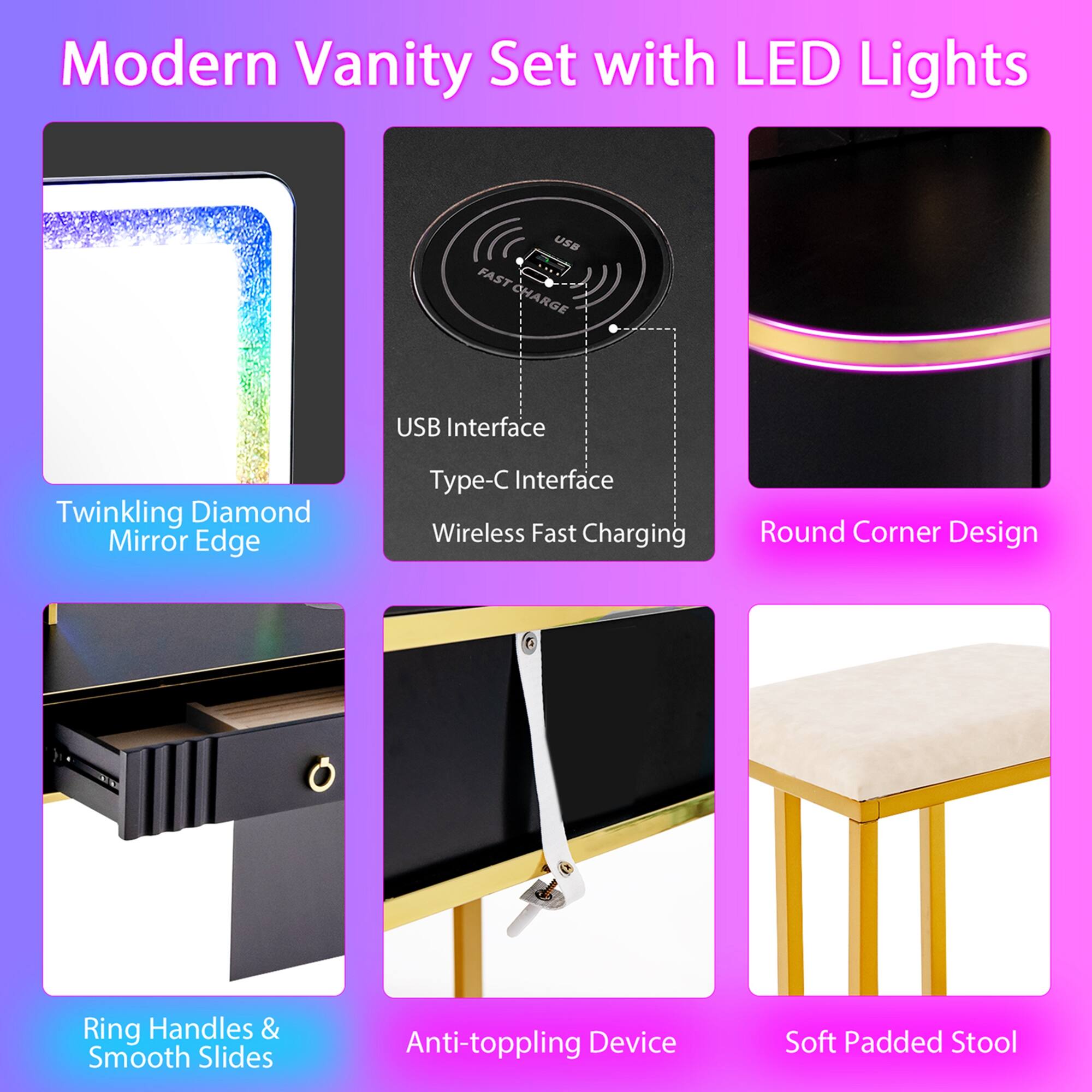 Modern Vanity Set with LED Lights, USB Fast Charge, USB Interface, Twinkling Diamond Mirror Edge, Type-C Interface, Wireless Fast Charging, Round Corner Design, Ring Handles & Smooth Slides, Anti-toppling Device, Soft Padded Stool.