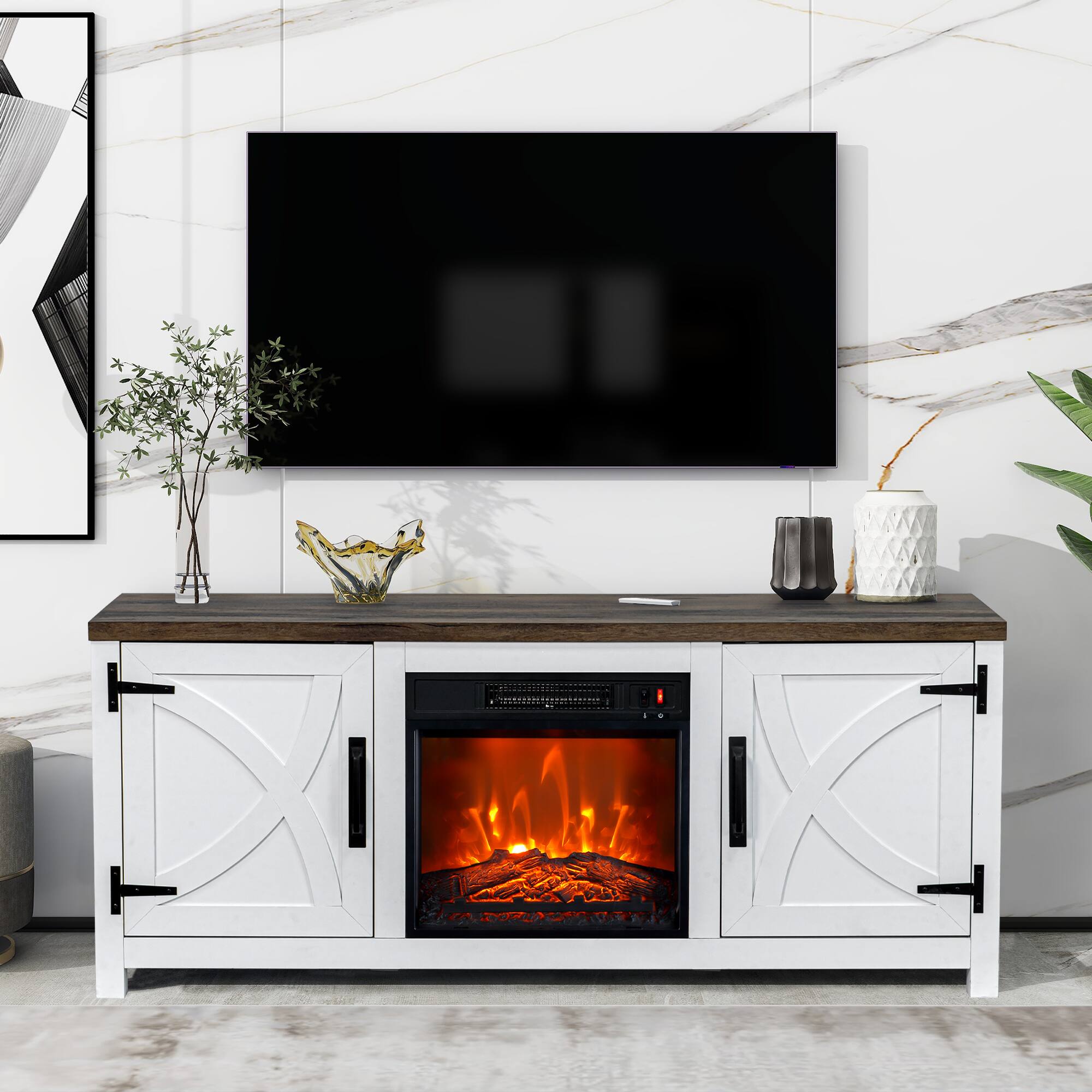 Back. Ihomeadore - 58" Farmhouse TV Stand for TV up to 65" with Electric Fireplace - White.