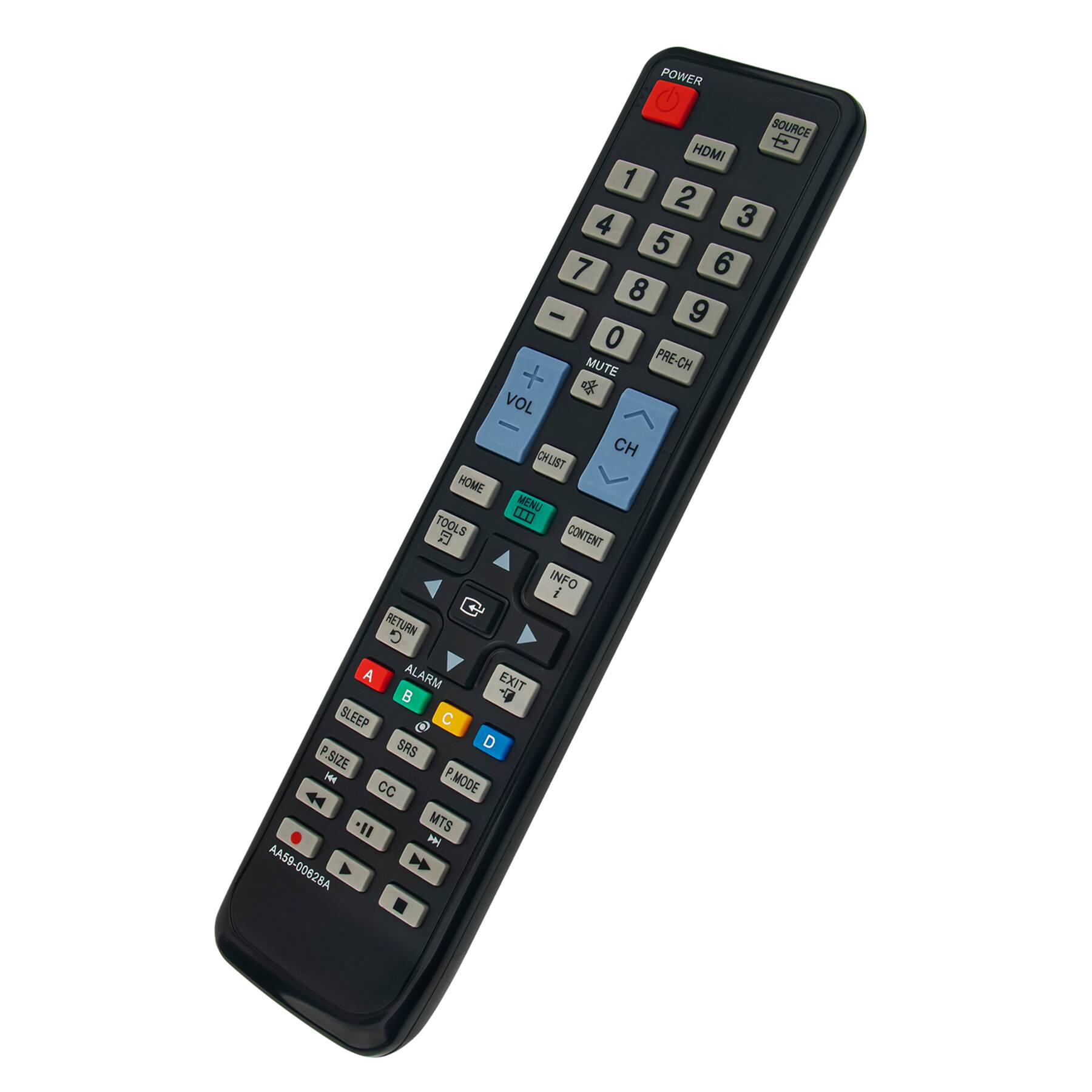 POWER SOURCE HDMI 1 2 3 4 5 6 7 8 9 0 MUTE PRE-CH VOL CH CHLIST HOME MENU TOOLS CONTENT INFO RETURN A ALARM EXIT B SLEEP C P SIZE D CC P.MODE MTS Pe AA59-00828A
