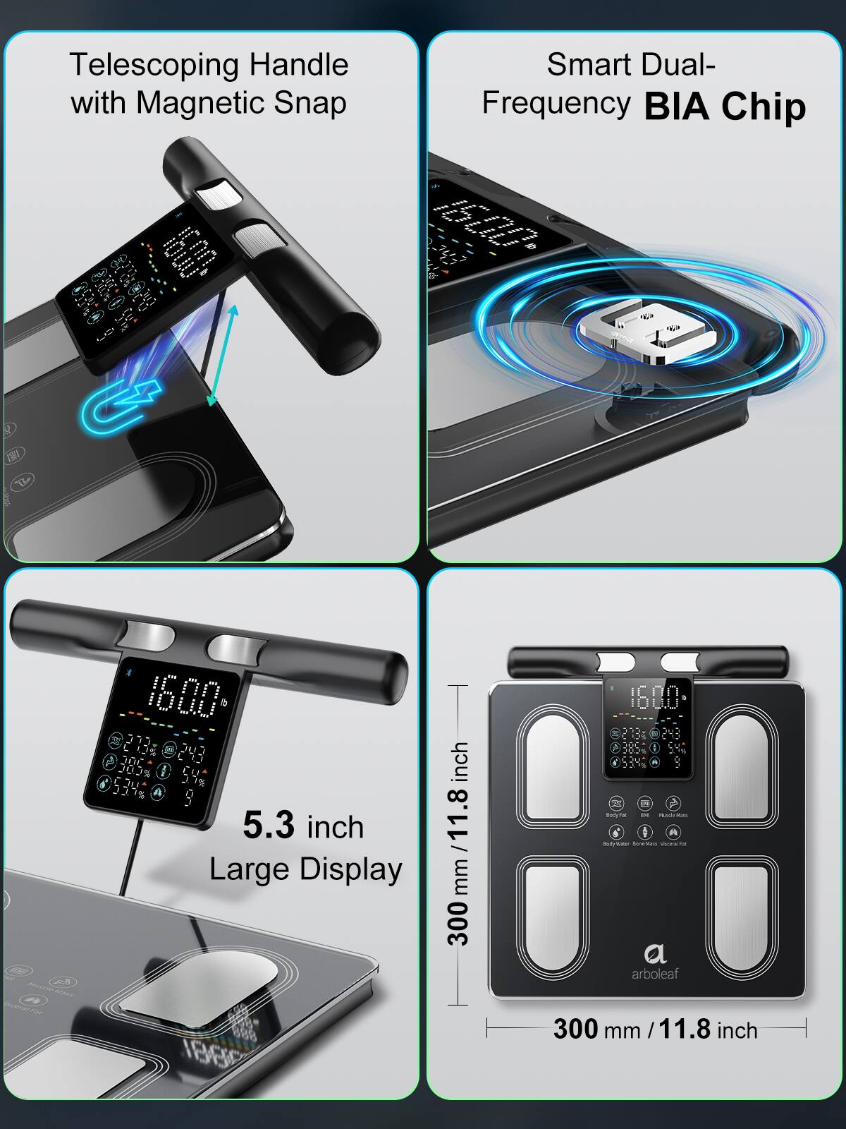 Telescoping Handle with Magnetic Snap  
Smart Dual-Frequency BIA Chip  
5.3 inch Large Display  
300 mm / 11.8 inch