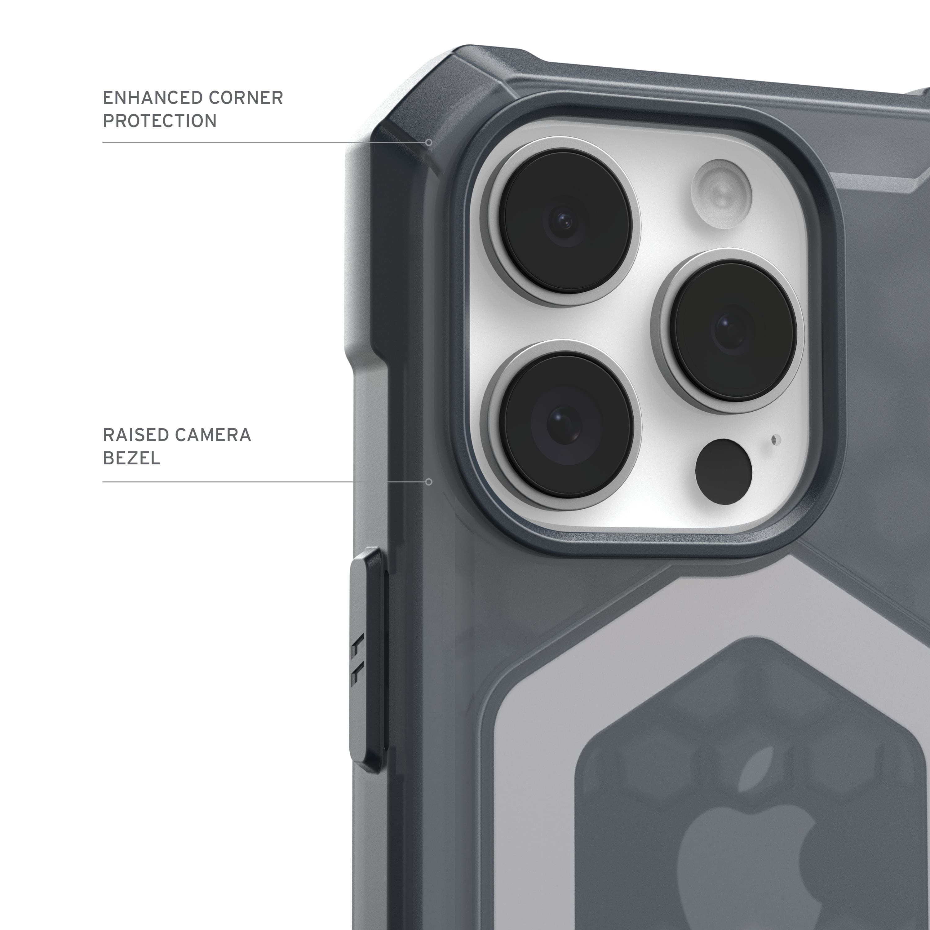 The image features a close-up of a smartphone camera with a protective case. The case is designed to provide enhanced corner protection and a raised camera bezel to prevent damage to the camera lens.