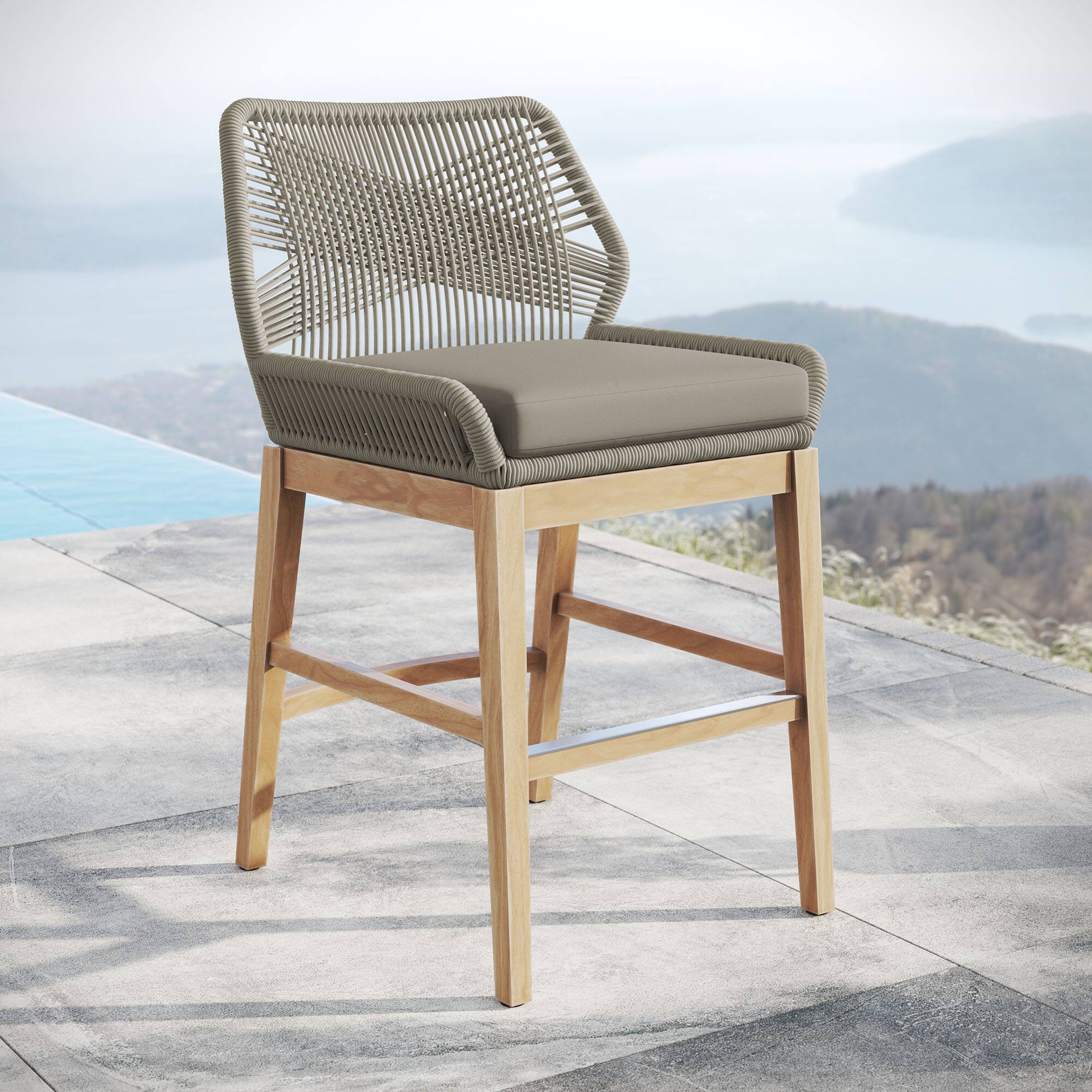 Front. Modway - Wellspring Outdoor Patio Teak and Rope Counter Stool by Modway - Light Gray Greige.