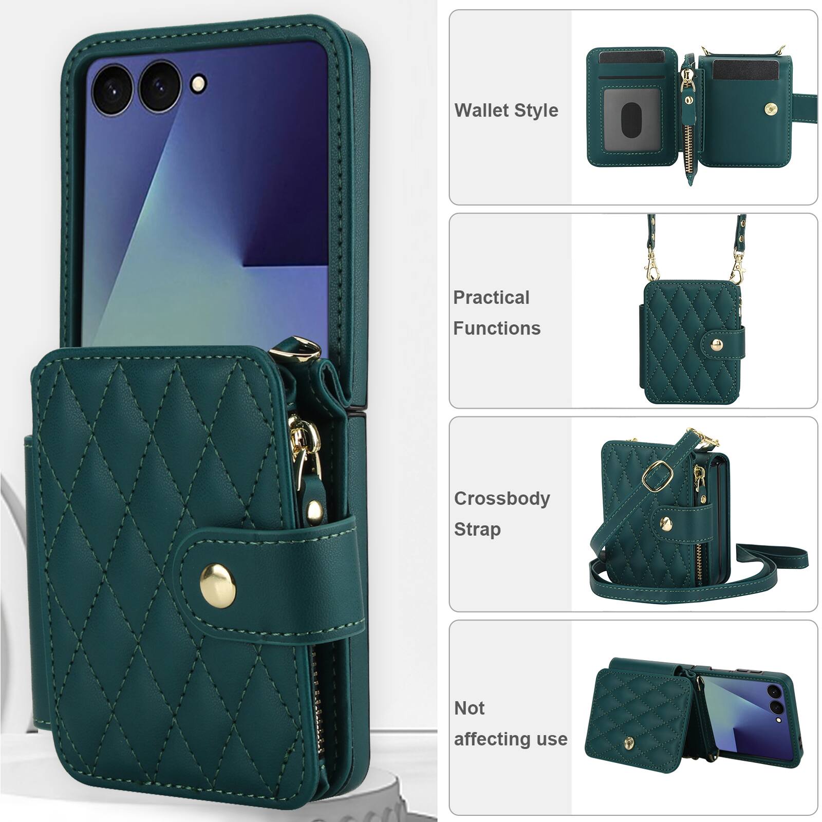 Wallet Style  
Practical Functions  
Crossbody Strap  
Not affecting use