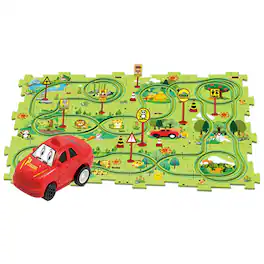 JuzToys - STEM Puzzles Car Race Tracks for Kids – DIY Rail Car Racetrack Toys Playset, Educational Building Toy, Green/Red - Multi