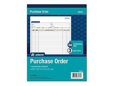 Purchase Order  
TC8131  

Purchase Order  
123456  

50 sets  
carbonless  
3 part form  

Purchase Order  
consecutively numbered  
8½" x 11" (21.3 x 27.1 cm)  

adams  
CTOPS