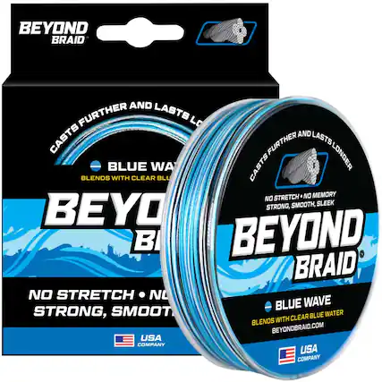 BEYOND BRAID
CASTS FURTHER AND LASTS LONGER
BLUE WAVE
BLENDS WITH CLEAR BLUE WATER
NO STRETCH • NO MEMORY
STRONG, SMOOTH, SLEEK
BEYOND BRAID.COM
USA COMPANY
