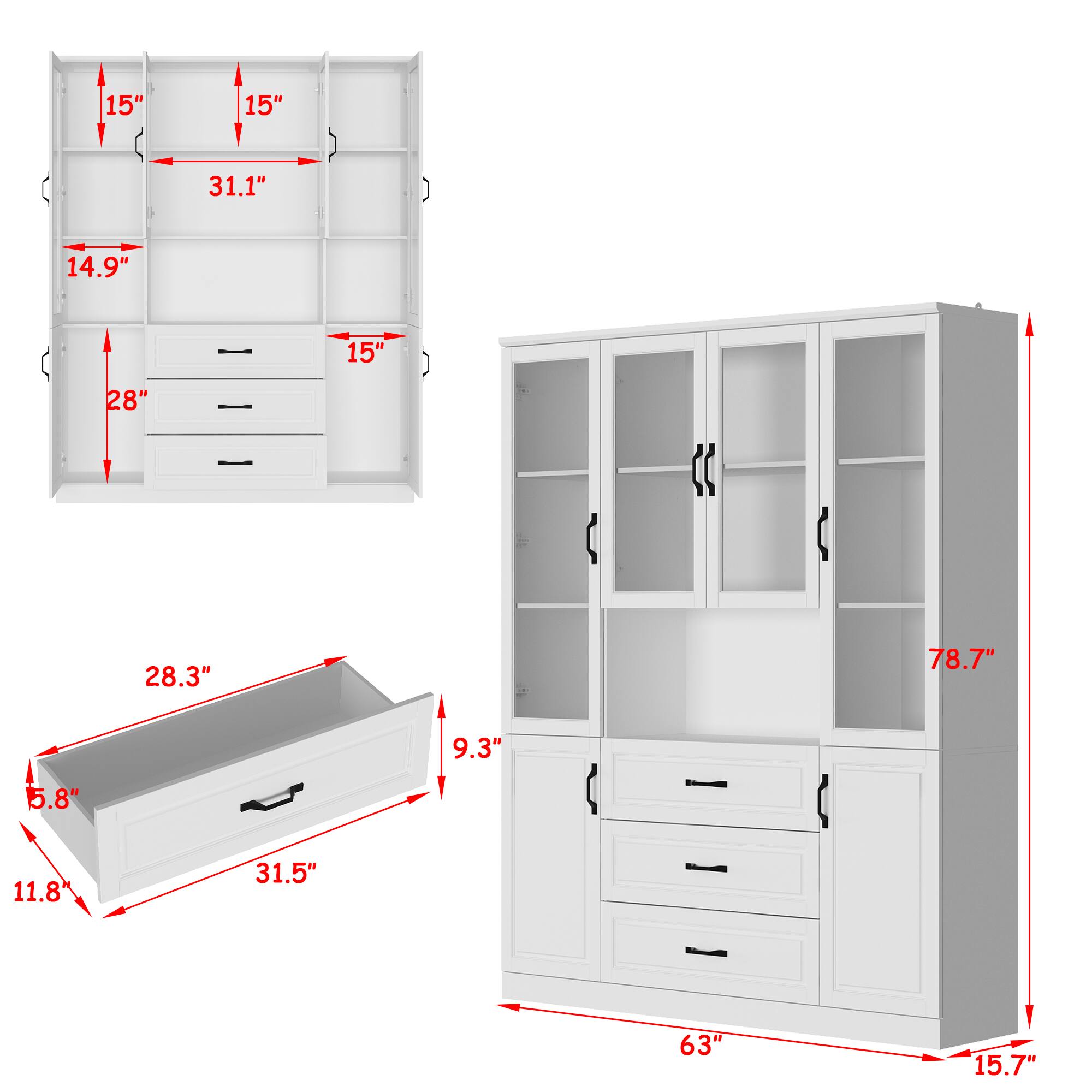 - 15" (height of the top shelves)
- 31.1" (width of the top shelves)
- 14.9" (height of the middle section)
- 28" (height of the drawers)
- 15" (width of the drawers)
- 28.3" (width of the side cabinet)
- 9.3" (depth of the side cabinet)
- 5.8" (height of the top drawer)
- 11.8" (height of the middle drawer)
- 31.5" (width of the side cabinet)
- 63" (height of the side cabinet)
- 15.7" (depth of the side cabinet)
- 78.7" (height of the main cabinet)