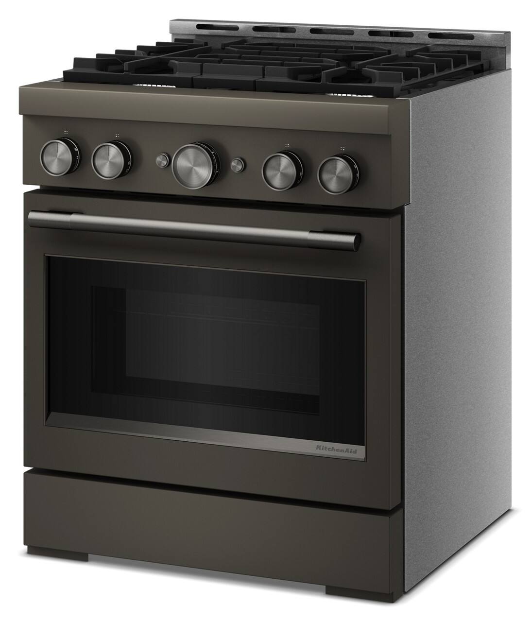 Left. KitchenAid - 4.1 Cu. Ft Commercial Gas Range with No Preheat Air Fry Mode and 4 Burner - Black Ore.