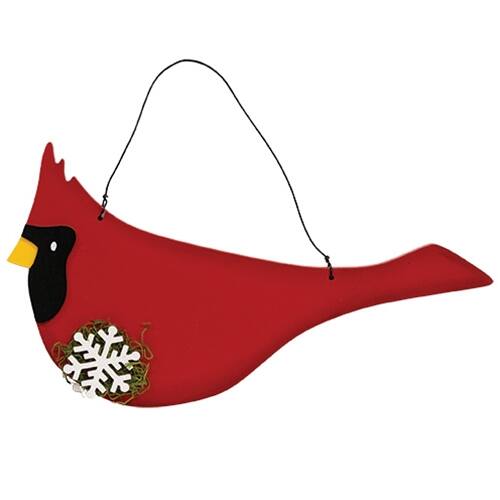 Front. BreeBe - Wooden Mossy Snowflake Cardinal Hanger - Red.