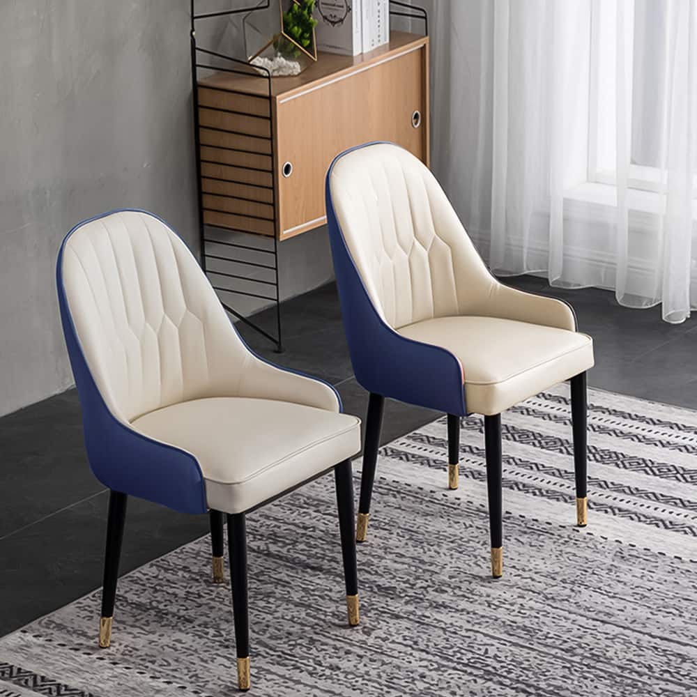 POVISON - Modern Upholstered Dining Chairs Set of 2, Leather Dining Chairs with Arms, Breakfast Table Chairs, Navy Blue - Gray & Beige PU Leather