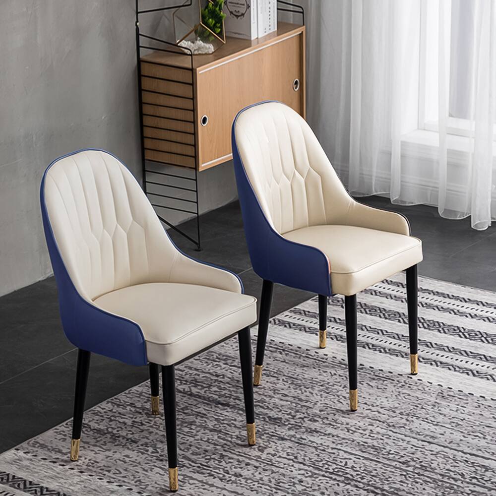 Front. POVISON - Modern Upholstered Dining Chairs Set of 2, Leather Dining Chairs with Arms, Breakfast Table Chairs, Navy Blue - Gray & Beige PU Leather.