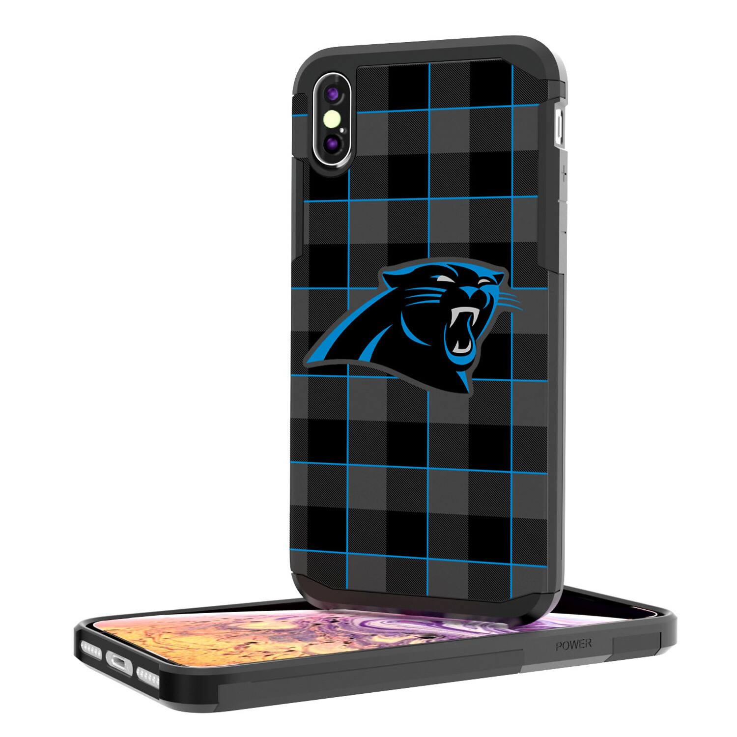 Alt View 1. Keyscaper - Carolina Panthers iPhone Rugged Plaid Design Case - 13 Pro - Multicolor.