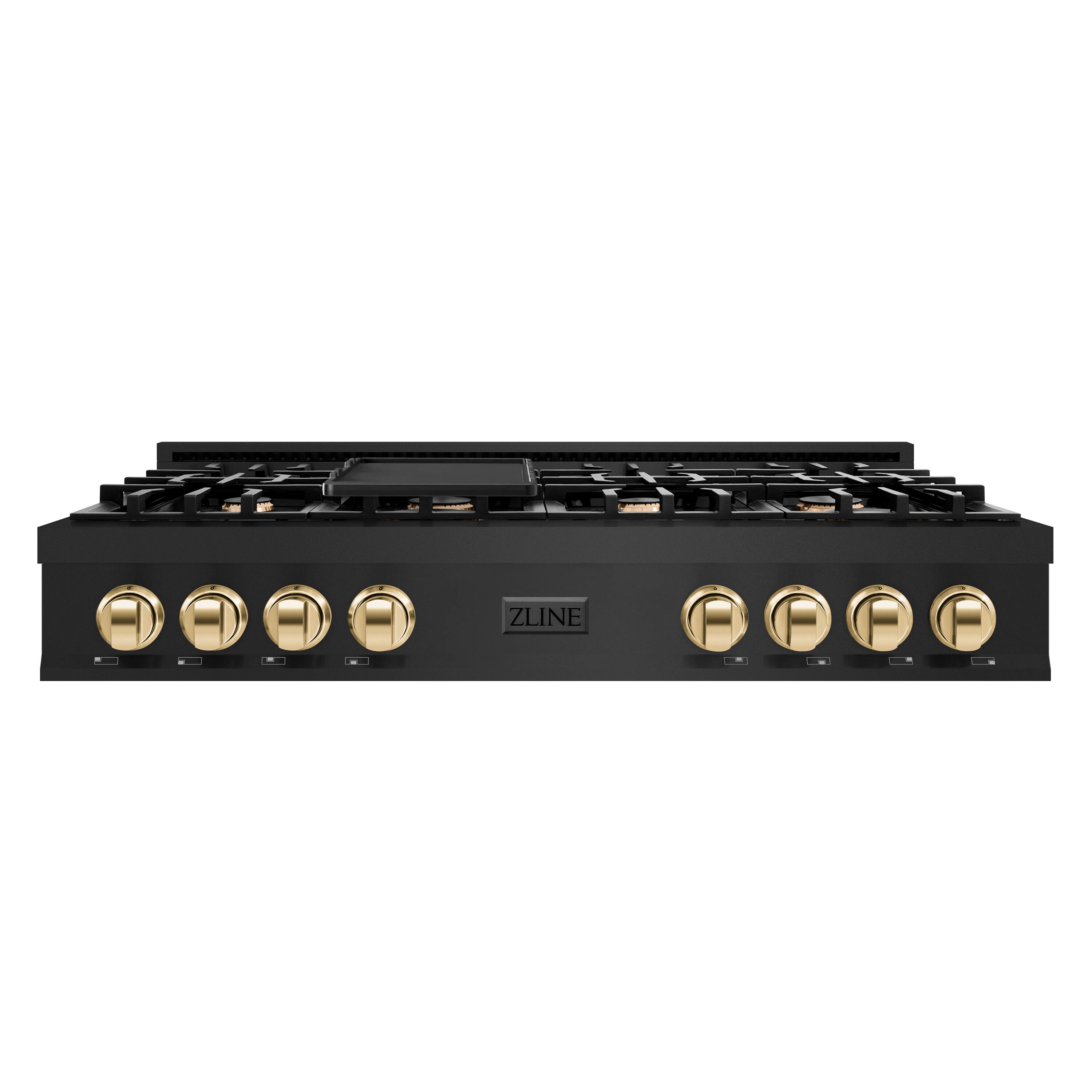 Front. ZLINE - ZLINE Autograph 48 in. Slide-In Classic Rangetop w/ 8 Burners in Black Stainless Steel & Gold Accents - Black Stainless Steel.