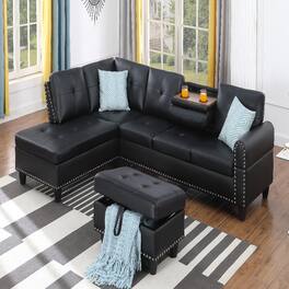 Loheer - Faux Leather Sectional Sofa with Storage Ottoman Cup Holders - Black