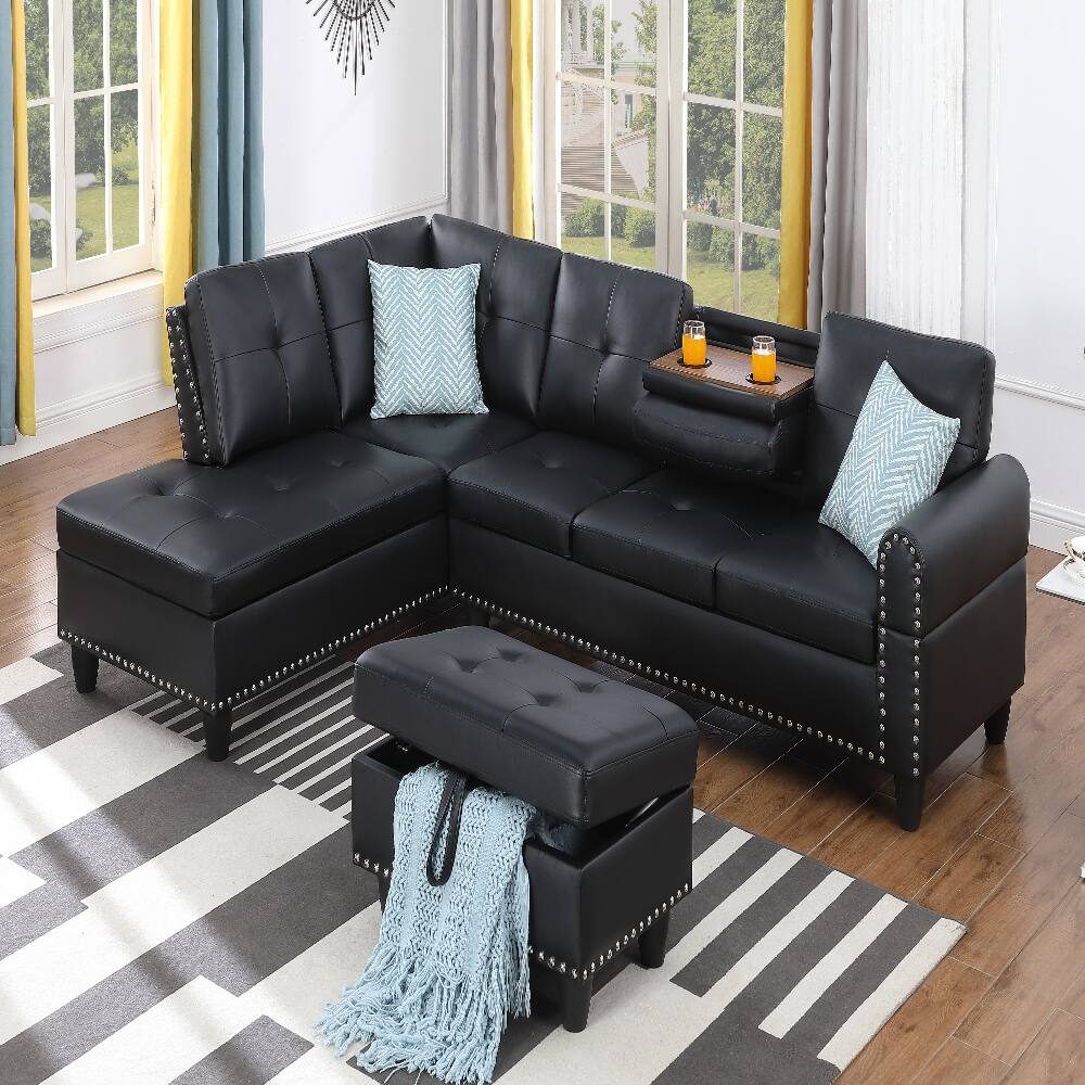 Front. Loheer - Loheer Faux Leather Sectional Sofa with Storage Ottoman Cup Holders - Black.