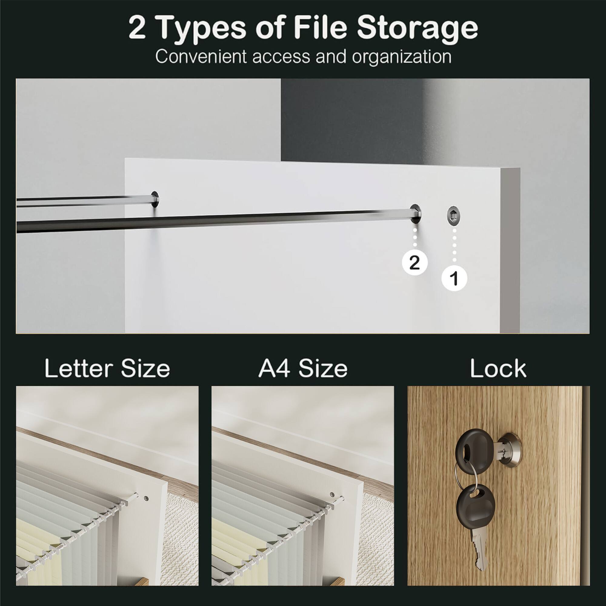 2 Types of File Storage  
Convenient access and organization  

1. Letter Size  
2. A4 Size  
3. Lock