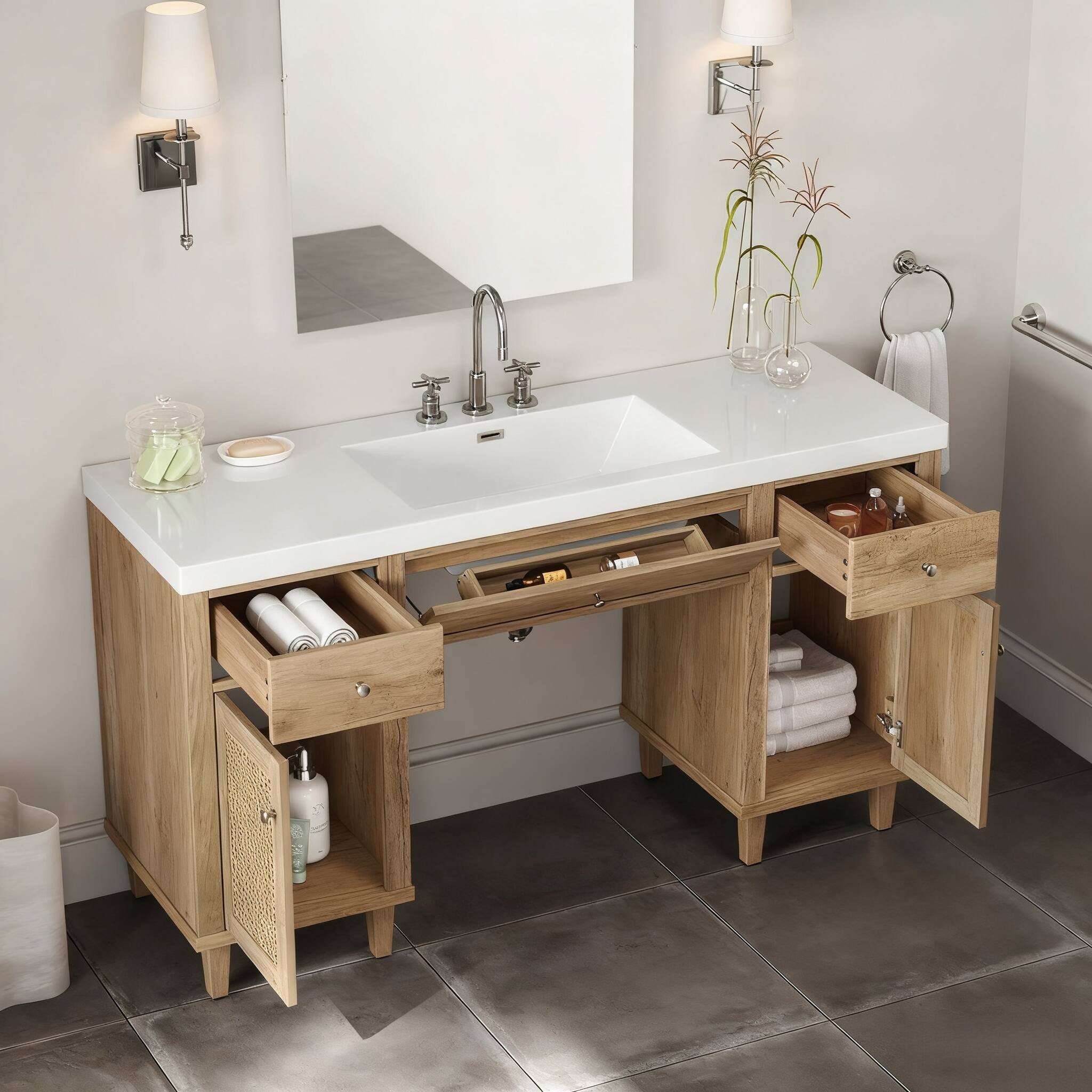 Alt View 3. Loheer - 5 ft Bathroom Vanity with SMC Sink, Soft-Close Drawers, Tip-Out Tray, Wood Cabinet for Bath - Wood.