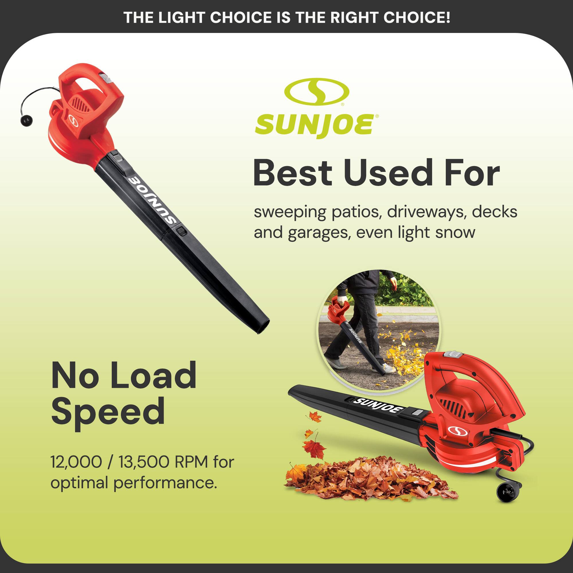 THE LIGHT CHOICE IS THE RIGHT CHOICE!

SUNJOE

Best Used For
sweeping patios, driveways, decks and garages, even light snow

No Load Speed
12,000 / 13,500 RPM for optimal performance.